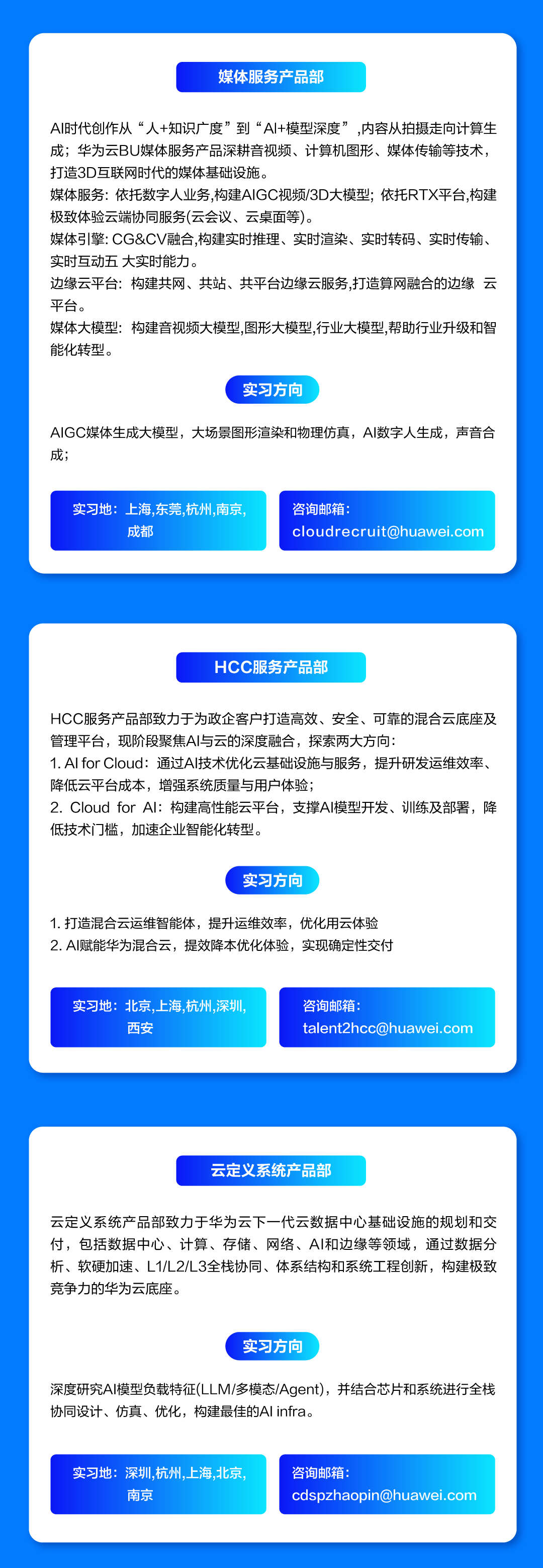 <p>媒体服务产品部</p>
<p>A时代创作从“人+知识广度”到“Al+模型深度”<br/>.内容从拍摄走向计算生<br/>成;华为云BU媒体服务产品深耕音视频、计算机图形、媒体传输等技术，<br/>打造3D互联网时代的媒体基础设施。</p>
<p>媒体服务:依托数字人业务,构建AIGC视频/3D大模型;依托RTX平台,构建<br/>极致体验云端协同服务(云会议、云桌面等)。</p>
<p>媒体引擎:CG&CV融合,构建实时推理、实时渲染、实时转码、实时传输、<br/>实时互动五大实时能力。</p>
<p>边缘云平台:构建共网、共站、共平台边缘云服务,打造算网融合的边缘云<br/>平台。</p>
<p>媒体大模型:构建音视频大模型,图形大模型,行业大模型,帮助行业升级和智<br/>能化转型。</p>
<p>实习方向</p>
<p>AIGC媒体生成大模型，大场景图形渲染和物理仿真，AI数字人生成，声音合<br/>成;</p>
<p>实习地:上海，东莞.杭州.南京.</p>
<p>成都</p>
<p>咨询邮箱:</p>
<p>****</p>
<p>HCC服务产品部</p>
<p>HCC服务产品部致力于为政企客户打造高效、安全、可靠的混合云底座及<br/>管理平台，现阶段聚焦AI与云的深度融合，探索两大方向:</p>
<p>1.AIforCloud:通过AI技术优化云基础设施与服务，提升研发运维效率、<br/>降低云平台成本，增强系统质量与用户体验;</p>
<p>2.Cloud forAl:构建高性能云平台，支撑Al模型开发、训练及部署，降<br/>低技术门槛，加速企业智能化转型。</p>
<p>实习方向</p>
<p>1.打造混合云运维智能体，提升运维效率，优化用云体验<br/>2.AI赋能华为混合云，提效降本优化体验，实现确定性交付</p>
<p>实习地:北京，上海,杭州，深圳.</p>
<p>西安</p>
<p>咨询邮箱:</p>
<p>****</p>
<p>云定义系统产品部</p>
<p>云定义系统产品部致力于华为云下一代云数据中心基础设施的规划和交<br/>付，包括数据中心、计算、存储、网络、AI和边缘等领域，通过数据分<br/>析、软硬加速、L1/L2/L3全栈协同、体系结构和系统工程创新，构建极致<br/>竞争力的华为云底座。</p>
<p>实习方向</p>
<p>深度研究AI模型负载特征(LLM/多模态/Agent)，并结合芯片和系统进行全栈<br/>协同设计、仿真、优化，构建最佳的Alinfra</p>
<p>实习地:深圳,杭州，上海,北京</p>
<p>南京</p>
<p>咨询邮箱</p>
<p>****</p>
