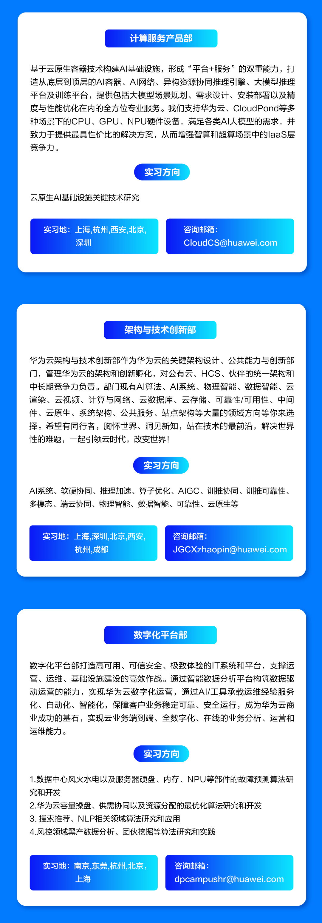 <p>计算服务产品部</p>
<p>基于云原生容器技术构建AI基础设施，形成“平台+服务”的双重能力，打<br/>造从底层到顶层的AI容器、AI网络、异构资源协同推理引擎、大模型推理<br/>平台及训练平台，提供包括大模型场景规划、需求设计、安装部署以及精<br/>度与性能优化在内的全方位专业服务。我们支持华为云、CloudPond等多<br/>种场景下的CPU、GPU、NPU硬件设备，满足各类AI大模型的需求，并<br/>致力于提供最具性价比的解决方案，从而增强智算和超算场景中的IaaS层<br/>竞争力。</p>
<p>实习方向</p>
<p>云原生AI基础设施关键技术研究</p>
<p>实习地:上海，杭州，西安，北京</p>
<p>深圳</p>
<p>次询邮箱:</p>
<p>****</p>
<p>架构与技术创新部</p>
<p>华为云架构与技术创新部作为华为云的关键架构设计、公共能力与创新部<br/>门，管理华为云的架构和创新孵化，对公有云、HCS、伙伴的统一架构和<br/>中长期竞争力负责。部门现有AI算法、AI系统、物理智能、数据智能、云<br/>渲染、云视频、计算与网络、云数据库、云存储、可靠性/可用性、中间<br/>件、云原生、系统架构、公共服务、站点架构等大量的领域方向等你来选<br/>择。希望有同行者，胸怀世界、洞见新知，站在技术的最前沿，解决世界<br/>性的难题，一起引领云时代，改变世界!</p>
<p>实习方向</p>
<p>AI系统、软硬协同、推理加速、算子优化、AIGC、训推协同、训推可靠性、<br/>多模态、端云协同、物理智能、数据智能、可靠性、云原生等</p>
<p>实习地:上海，深圳,北京，西安，</p>
<p>杭州，成都</p>
<p>咨询邮箱:</p>
<p>****</p>
<p>数字化平台部</p>
<p>数字化平台部打造高可用、可信安全、极致体验的IT系统和平台，支撑运<br/>营、运维、基础设施建设的高效作战。通过智能数据分析平台构筑数据驱<br/>动运营的能力，实现华为云数字化运营，通过AI/工具承载运维经验服务<br/>化、自动化、智能化，保障客户业务稳定可靠、安全运行，成为华为云商<br/>业成功的基石，实现云业务端到端、全数字化、在线的业务分析、运营和<br/>运维能力。</p>
<p>实习方向</p>
<p>1.数据中心风火水电以及服务器硬盘、内存、NPU等部件的故障预测算法研<br/>究和开发</p>
<p>2.华为云容量操盘、供需协同以及资源分配的最优化算法研究和开发</p>
<p>3.搜索推荐、NLP相关领域算法研究和应用</p>
<p>4.风控领域黑产数据分析、团伙挖掘等算法研究和实践</p>
<p>实习地:南京，东莞，杭州,北京</p>
<p>上海</p>
<p>咨询邮箱:</p>
<p>****</p>
