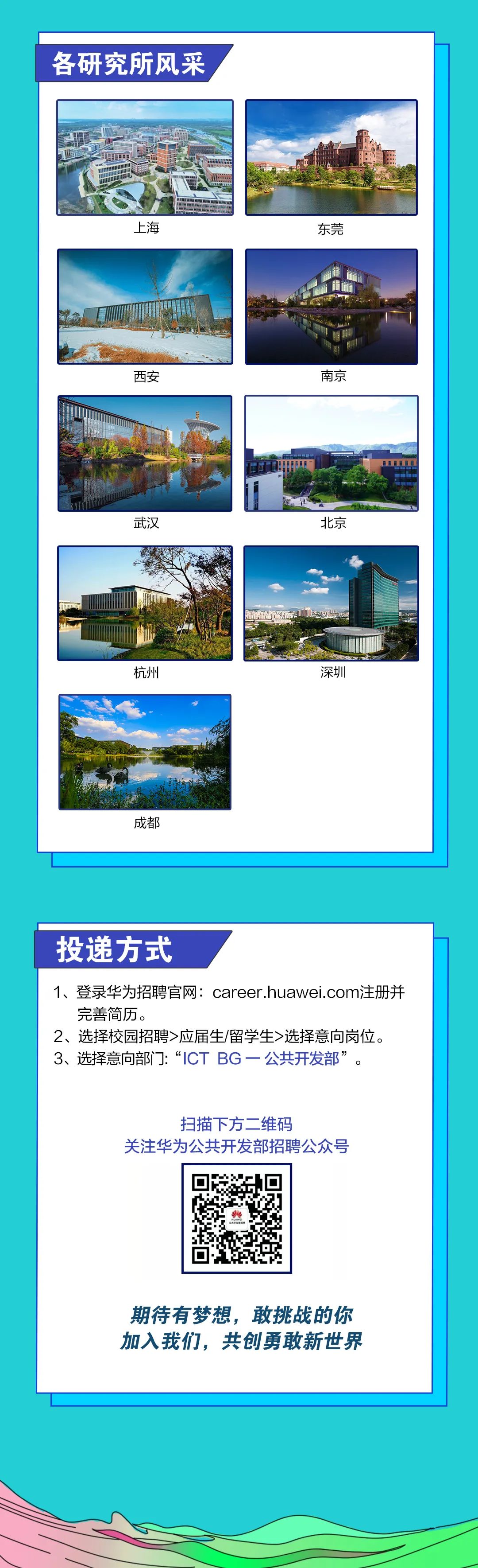 <p>各研究所风来</p>
<p>上海</p>
<p>东莞</p>
<p>西安</p>
<p>南京</p>
<p>武汉</p>
<p>北京</p>
<p>杭州</p>
<p>深圳</p>
<p>成都</p>
<p>投递方式</p>
<p>登录华为招聘官网：career.huawei.com注册并</p>
<p>完善简历。</p>
<p>2、选择校园招聘>应届生/留学生>选择意向岗位。</p>
<p>3、选择意向部门:&ldquo;ICT BG一公共开发部</p>
<p>扫描下方二维码</p>
<p>关注华为公共开发部招聘公众号</p>
<p>期待有梦想,敢挑战的你</p>
<p>加入我们，共创勇敢新世界</p>
