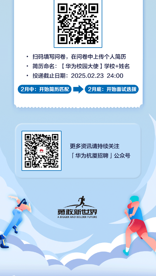 <p> . 扫码填写问卷,在问卷中上传个人简历</p>
<p> . 简历命名:[华为校园大使]学校+姓名</p>
<p> . 投递截止日期: 2025.02.23 24:00</p>
<p>( 2月中:开始简历匹配 2月底:开始面试选拔</p>
<p>更多资讯请持续关注</p>
<p>业</p>
<p>「华为杭厦招聘」公众号</p>
<p>店</p>
<p>勇敢新世界</p>
<p>A BIGGER AND BOLDER FUTURE</p>
