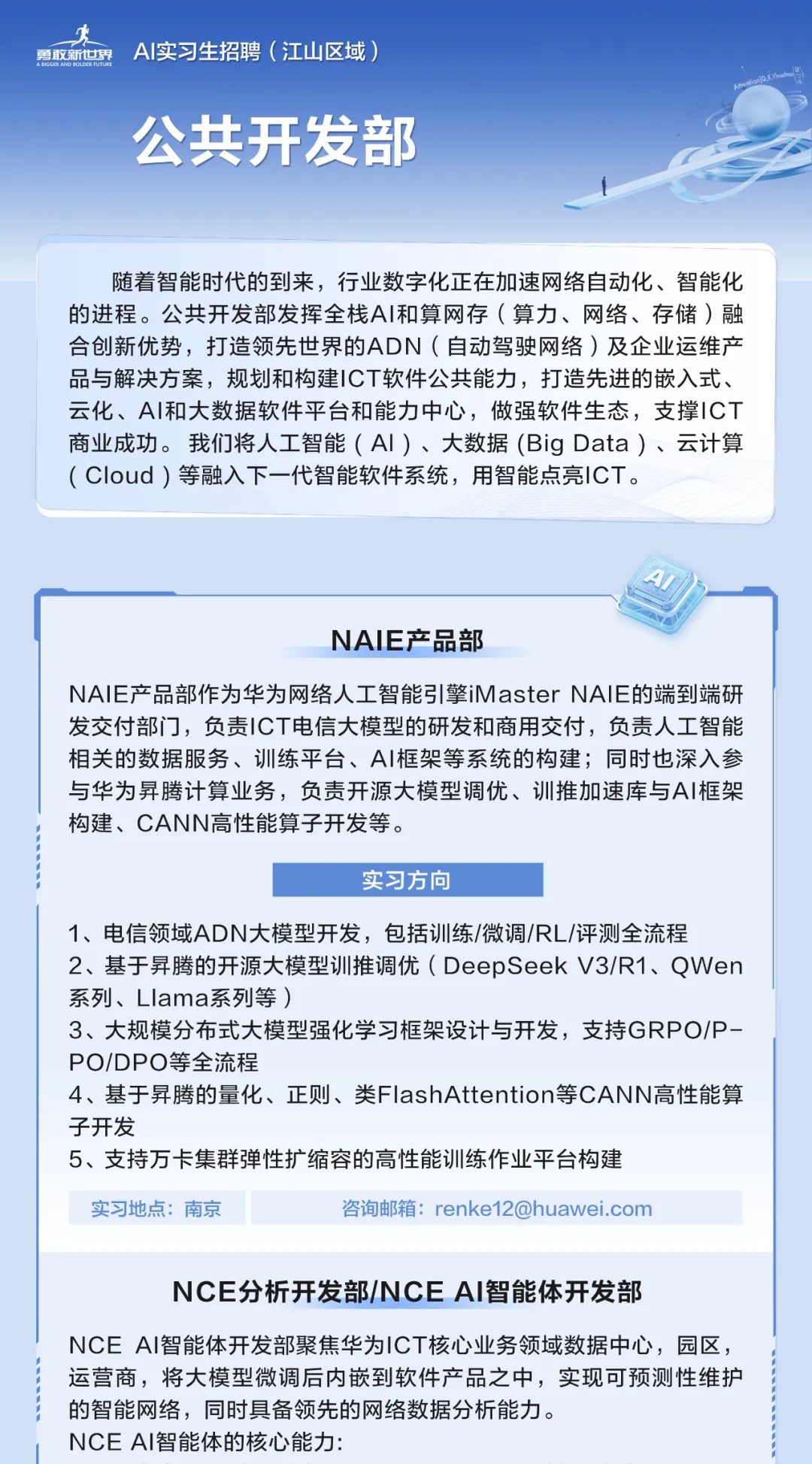 <p>勇敢新世</p>
<p>AI实习生招聘(江山区域)<br/>公共开发部</p>
<p>随着智能时代的到来，行业数字化正在加速网络自动化、智能化<br/>的进程。公共开发部发挥全栈AI和算网存(算力、网络、存储)融<br/>合创新优势，打造领先世界的ADN(自动驾驶网络)及企业运维产<br/>品与解决方案，规划和构建ICT软件公共能力，打造先进的嵌入式、<br/>云化、AI和大数据软件平台和能力中心，做强软件生态，支撑ICT<br/>商业成功。我们将人工智能(Al)、大数据(Big Data)、云计算<br/>(CIoud)等融入下一代智能软件系统，用智能点亮ICT。</p>
<p>NAIE产品部</p>
<p>NAIE产品部作为华为网络人工智能引擎iMasterNAIE的端到端研<br/>发交付部门，负责ICT电信大模型的研发和商用交付，负责人工智能<br/>相关的数据服务、训练平台、AI框架等系统的构建;同时也深入参<br/>与华为异腾计算业务，负责开源大模型调优、训推加速库与AI框架<br/>构建、CANN高性能算子开发等。</p>
<p>实习方向</p>
<p>1、电信领域ADN大模型开发，包括训练/微调/RL/评测全流程</p>
<p>2、基于异腾的开源大模型训推调优(DeepSeekV3/R1、QWen<br/>系列、Llama系列等)</p>
<p>3、大规模分布式大模型强化学习框架设计与开发，支持GRPO/P-<br/>PO/DPO等全流程</p>
<p>4、基于昪腾的量化、正则、类FlashAttention等CANN高性能算<br/>子开发</p>
<p>5、支持万卡集群弹性扩缩容的高性能训练作业平台构建</p>
<p>实习地点:南京</p>
<p>咨询邮箱:****</p>
<p>NCE分析开发部/NCEAI智能体开发部</p>
<p>NCEAI智能体开发部聚焦华为ICT核心业务领域数据中心，园区，<br/>运营商，将大模型微调后内嵌到软件产品之中，实现可预测性维护<br/>的智能网络，同时具备领先的网络数据分析能力。</p>
<p>NCE AI智能体的核心能力:</p>
