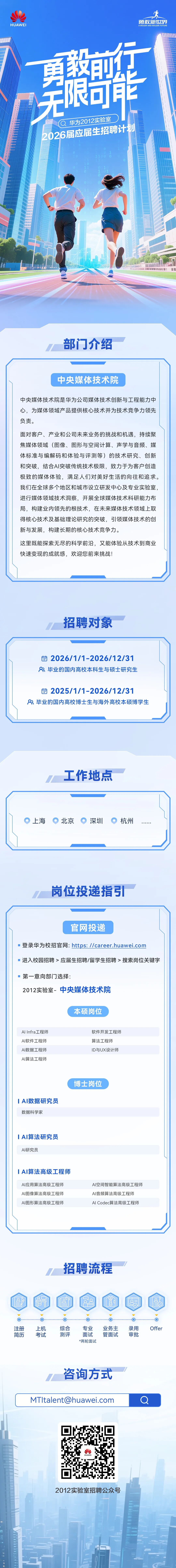 <p>勇敢新世界</p>
<p>HUAWEI</p>
<p>ABIGGER AND BOLDER FUTURE</p>
<p>粮奇能管</p>
<p>A</p>
<p>2</p>
<p>无</p>
<p>华为2012实验室</p>
<p>2026届应届生招聘计划</p>
<p>部门介绍</p>
<p>中央媒体技术院</p>
<p>中央媒体技术院是华为公司媒体技术创新与工程能力中</p>
<p>心，为媒体领域产品提供核心技术并为技术竞争力领先</p>
<p>负责。</p>
<p>面对客户、产业和公司未来业务的挑战和机遇，持续聚</p>
<p>焦媒体领域(图像、图形与空间计算、声学与音频、媒</p>
<p>体标准与编解码和体验与评测等)的技术研究、创新</p>
<p>和突破,结合A丨突破传统技术极限,致力于为客户创造</p>
<p>极致的媒体体验，满足人们对美好生活的向往和追求。</p>
<p>我们在全球多个地区和城市设立研发中心及专业实验室</p>
<p>进行媒体领域技术洞察，开展全球媒体技术科研能力布</p>
<p>局，构建业内领先的根技术，在未来媒体技术领域上取</p>
<p>得核心技术及基础理论研究的突破，引领媒体技术的创</p>
<p>新与发展，构建长期的核心技术竞争力。</p>
<p>这里既能探索无尽的科学前沿，又能体验从技术到商业</p>
<p>快速变现的成就感,欢迎您前来挑战!</p>
<p>招聘对象</p>
<p>店</p>
<p>2026/171-2026/12/31</p>
<p>毕业的国内高校本科生与硕士研究生</p>
<p>司</p>
<p>2025/171-2026/12/31</p>
<p>3毕业的国内高校博土生与海外高校本硕博学生</p>
<p>工作地点</p>
<p>上海</p>
<p>北京</p>
<p>深圳</p>
<p>杭州</p>
<p>冈位投递指5</p>
<p>官网投递</p>
<p>登录华为校招官网:https: //career.huawei.com</p>
<p>进入校园招聘>应届生招聘/留学生招聘>搜索岗位关键字</p>
<p>第一意向部门选择：</p>
<p>2012实验室- 中央媒体技术院</p>
<p>本硕岗位</p>
<p>Al Infra工程师</p>
<p>软件开发工程师</p>
<p>AI软件工程师</p>
<p>算法工程师</p>
<p>AI数据工程师</p>
<p>ID与UX设计师</p>
<p>Al算法工程师</p>
<p>博士岗位</p>
<p>IAI数据研究员</p>
<p>数据科学家</p>
<p>IA丨算法研究员</p>
<p>AI研究员</p>
<p>IA丨算法高级工程师</p>
<p>Al应用算法高级工程师</p>
<p>Al空间智能算法高级工程师</p>
<p>Al图像算法高级工程师</p>
<p>Al音频算法高级工程师</p>
<p>AI图形算法高级工程师</p>
<p>Al Codec算法高级工程师</p>
<p>招聘流程</p>
<p>9</p>
<p>注册</p>
<p>上机</p>
<p>综合</p>
<p>专业</p>
<p>业务主</p>
<p>录用</p>
<p>Offer</p>
<p>简历</p>
<p>考试</p>
<p>测评</p>
<p>面试</p>
<p>管面试</p>
<p>审批</p>
<p>*两轮面试</p>
<p>咨询方式</p>
<p>MTltalentohuawei.com</p>
<p>2012实验室招聘公众号</p>
