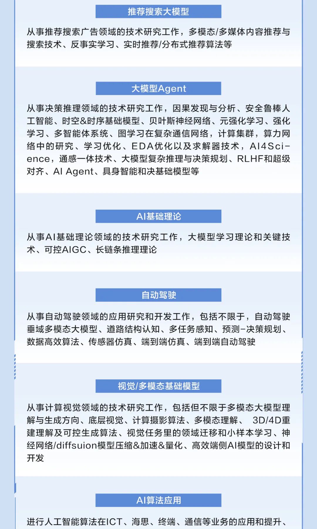 
<table>
<tr><td>推荐搜索大模型从事推荐搜索广告领域的技术研究工作,多模态/多媒体内容推荐与搜索技术、反事实学习、实时推荐/分布式推荐算法等</td>
</tr>
<tr><td>大模型Agent从事决策推理领域的技术研究工作,因果发现与分析、安全鲁棒人工智能、时空&时序基础模型、贝叶斯神经网络、元强化学习、强化学习、多智能体系统、图学习在复杂通信网络,计算集群,算力网络中的研究、学习优化、EDA优化以及求解器技术,Al4Sci-ence,通感-体技术、大模型复杂推理与决策规划、RL .HF和超级对齐、Al Agent、具身智能和决基础模型等</td>
</tr>
<tr><td>AI基础理论从事AI基础理论领域的技术研究工作,大模型学习理论和关键技术、可控AIGC、长链条推理理论</td>
</tr>
<tr><td>自动驾驶从事自动驾驶领域的应用研究和开发工作,包括不限于,自动驾驶垂域多模态大模型、道路结构认知、多任务感知、预测-决策规划、数据高效算法、传感器仿真、端到端仿真、端到端自动驾驶</td>
</tr>
<tr><td>视觉/多模态基础模型从事计算视觉领域的技术研究工作,包括但不限于多模态大模型理解与生成方向、底层视觉、计算摄影算法、多模态理解、 3D/4D重建理解及可控生成算法、视觉任务里的领域迁移和小样本学习、神经网络/diffsuion模型压缩&加速&量化、高效端侧Al模型的设计和开发</td>
</tr>
<tr><td>Al算法应用进行人工智能算法在ICT、海思、终端、通信等业务的应用和提升、</td>
</tr>
</table>
