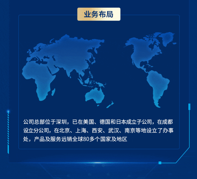 <p>业务布局</p>
<p>公司总部位于深圳，已在美国、德国和日本成立子公司，在成都<br/>设立分公司，在北京、上海、西安、武汉、南京等地设立了办事<br/>处，产品及服务远销全球80多个国家及地区</p>
