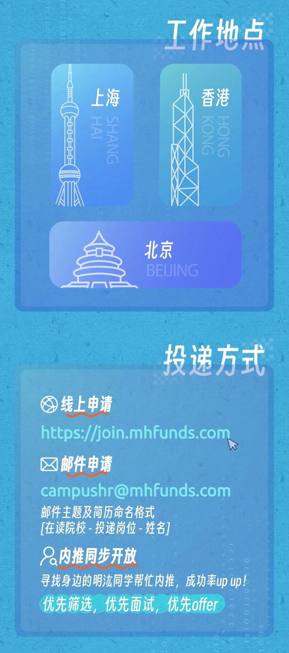 <p>工作地点</p>
<p> </p>
<p>上海</p>
<p>HA</p>
<p>SHANG</p>
<p>香港</p>
<p>0</p>
<p>北京</p>
<p>JING</p>
<p>投递方式</p>
<p>线上申请</p>
<p>https:/join.mhfunds.com<br/>邮件申请</p>
<p>****<br/>邮件主题及简历命名格式</p>
<p>[在读院校-投递岗位-姓名]</p>
<p>只内推同步开放</p>
<p>寻找身边的明泫同学帮忙内推，成功率up up!<br/>优先筛选，优先面试，优先offer</p>
