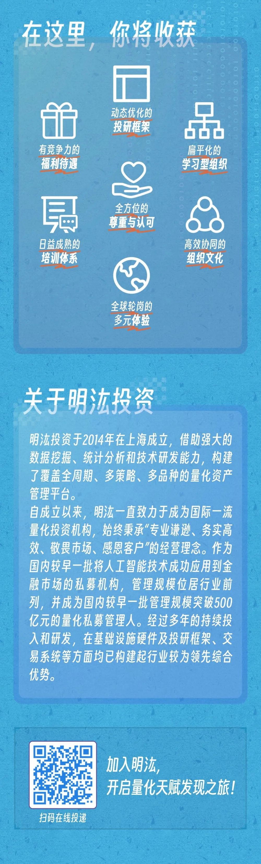 <p>在这里，你将收获</p>
<p>有竞争力的</p>
<p>福利待遇</p>
<p>动态优化的</p>
<p>投研框架</p>
<p>6品</p>
<p>扁平化的<br/>学习型组织</p>
<p>日益成熟的</p>
<p>培训体系</p>
<p>全方位的<br/>尊重与认可</p>
<p>高效协同的</p>
<p>组织文化</p>
<p>全球轮岗的</p>
<p>多元体验</p>
<p>关于明投资</p>
<p>明泫投资于2014年在上海成立，借助强大的<br/>数据挖掘、统计分析和技术研发能力，构建<br/>了覆盖全周期、多策略、多品种的量化资产<br/>管理平台。</p>
<p>自成立以来，明一直致力于成为国际一流<br/>量化投资机构，始终秉承&ldquo;专业谦逊、务实高<br/>效、敬畏市场、感恩客户&rdquo;的经营理念。作为<br/>国内较早一批将人工智能技术成功应用到金<br/>融市场的私募机构，管理规模位居行业前<br/>列，并成为国内较早一批管理规模突破500<br/>亿元的量化私募管理人。经过多年的持续投<br/>入和研发，在基础设施硬件及投研框架、交<br/>易系统等方面均已构建起行业较为领先综合<br/>优势。</p>
<p>加入明法，</p>
<p>开启量化天赋发现之旅!</p>
<p>扫码在线投递</p>
