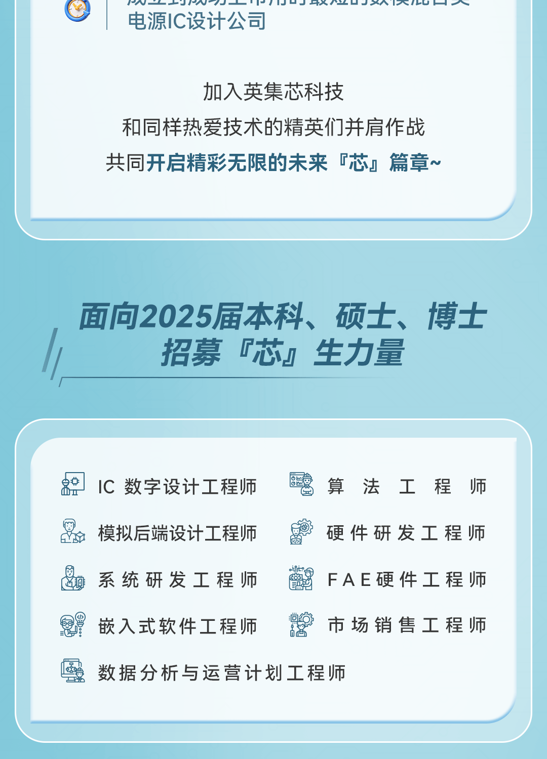 <p>的一IXU<br/>电源IC设计公司</p>
<p>加入英集芯科技</p>
<p>和同样热爱技术的精英们并肩作战<br/>共同开启精彩无限的未来芯篇章~</p>
<p>面向2025届本科、硕士、博士<br/>招募「芯」生力量</p>
<p>IC 数字设计工程师</p>
<p> </p>
<p>算法工程师</p>
<p>模拟后端设计工程师</p>
<p>硬件研发工程师<br/> </p>
<p>OI</p>
<p>系统研发工程师</p>
<p> </p>
<p>FAE硬件工程师<br/> </p>
<p>嵌入式软件工程师</p>
<p>18</p>
<p>市场销售工程师</p>
<p>数据分析与运营计划工程师</p>
