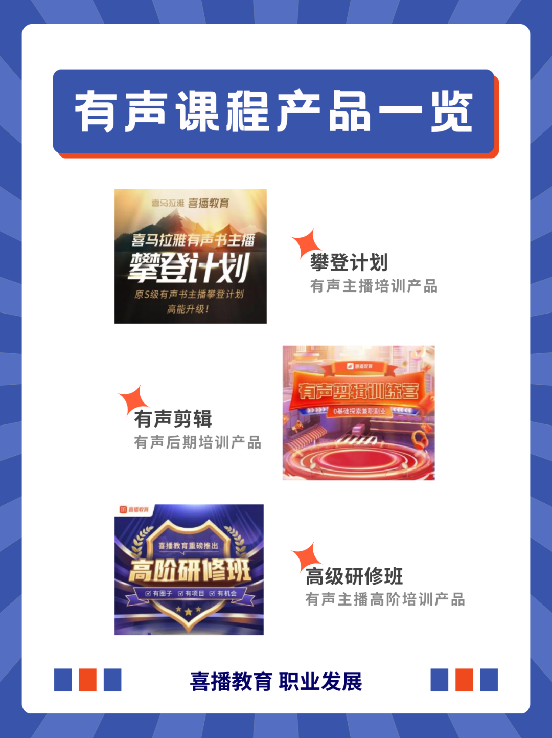 <p>有声课程产品一览</p>
<p>喜拉雅喜播教育</p>
<p>喜马拉雅有声书主播<br/>攀登计划</p>
<p>原S级有声书主播攀登计划</p>
<p>高能升级!</p>
<p>攀登计划</p>
<p>有声主播培训产品</p>
<p>有声剪辑</p>
<p>有声后期培训产品</p>
<p>适</p>
<p>有声剪辑训练营</p>
<p>0基础索职副业</p>
<p>喜播教</p>
<p>喜播教育重磅推出</p>
<p>高阶研修班<br/>有圈子有项目有机会</p>
<p>高级研修班</p>
<p>有声主播高阶培训产品</p>
<p>喜播教育职业发展</p>
