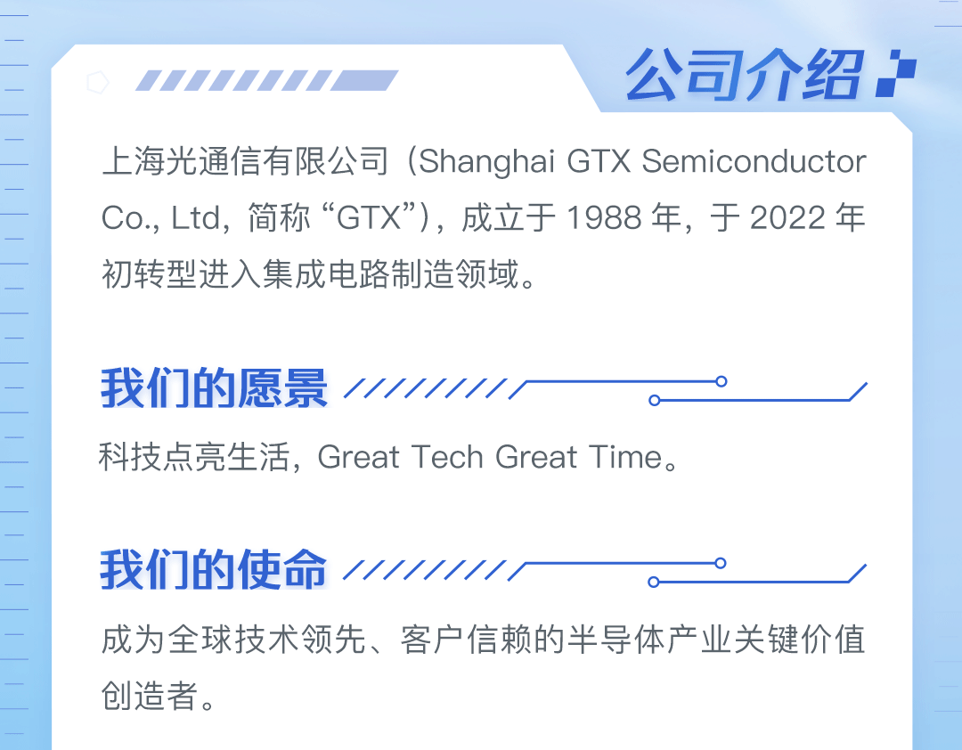 <p>公司介绍:</p>
<p>. 上海光通信有限公司(Shanghai GTX Semiconductor</p>
<p>Co., Ltd,简称&ldquo;GTX"),成立于1988年,于2022年</p>
<p>初转型进入集成电路制造领域。</p>
<p>我们的愿景//////// 。。</p>
<p>科技点亮生活,Great Tech Great Time。</p>
<p>我们的使命///////// 一______/</p>
<p>成为全球技术领先、客户信赖的半导体产业关键价值</p>
<p>创造者。</p>
