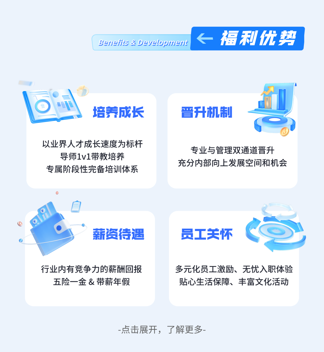 <p>Benefiis & Development</p>
<p>福利优势</p>
<p>培养成长</p>
<p>以业界人才成长速度为标杆<br/>导师1v1带教培养</p>
<p>专属阶段性完备培训体系</p>
<p>晋升机制</p>
<p>专业与管理双通道晋升<br/>充分内部向上发展空间和机会</p>
<p>薪资待遇</p>
<p>员工关怀</p>
<p>行业内有竞争力的薪酬回报</p>
<p>五险一金&带薪年假</p>
<p>多元化员工激励、无忧入职体验<br/>贴心生活保障、丰富文化活动</p>
<p>-点击展开，了解更多</p>
