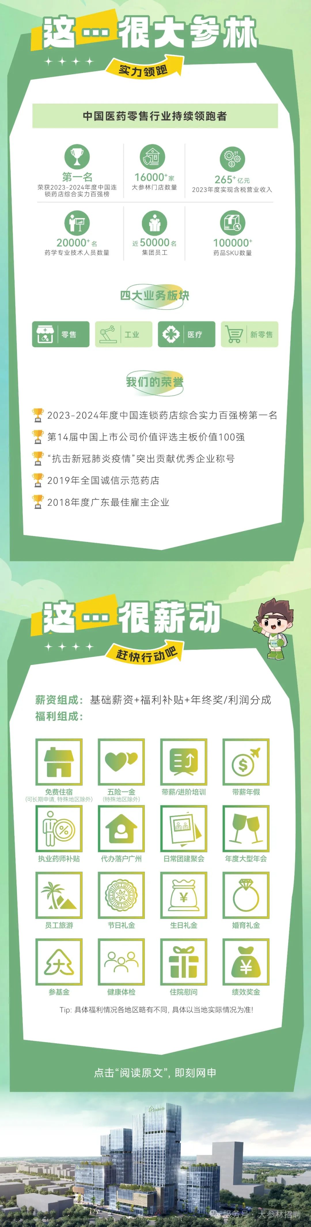 <p>脑<br/>.很大参林</p>
<p>实力领跑</p>
<p>中国医药零售行业持续领跑者</p>
<p>第一名</p>
<p>荣获2023-2024年度中国连<br/>锁药店综合实力百强榜</p>
<p>8</p>
<p>16000+家<br/>大参林门店数量</p>
<p>1</p>
<p> </p>
<p>265+亿元</p>
<p>2023年度实现含税营业收入</p>
<p> </p>
<p> </p>
<p>20000+名<br/>药学专业技术人员数量</p>
<p>近50000名</p>
<p>集团员工</p>
<p> </p>
<p>团利</p>
<p>100000+<br/>药品SKU数量</p>
<p>四大业务板块</p>
<p>零售</p>
<p>工业</p>
<p>医疗</p>
<p>新零售</p>
<p>我们的荣誉</p>
<p>2023-2024年度中国连锁药店综合实力百强榜第一名<br/>第14届中国上市公司价值评选主板价值100强</p>
<p>“抗击新冠肺炎疫情”突出贡献优秀企业称号</p>
<p>2019年全国诚信示范药店</p>
<p>2018年度广东最佳雇主企业</p>
<p> <br/>ODO<br/>很薪动</p>
<p>赶快行动吧</p>
<p>薪资组成:基础薪资+福利补贴+年终奖/利润分成<br/>福利组成:</p>
<p>免费住宿</p>
<p>(可长期申请,特殊地区除外)</p>
<p>五险一金<br/>(特殊地区除外)</p>
<p>执业药师补贴</p>
<p>代办落户广州</p>
<p>1联</p>
<p>带薪/进阶培训</p>
<p>带薪年假</p>
<p>0Y</p>
<p>日常团建聚会</p>
<p>年度大型年会</p>
<p>员工旅游</p>
<p>节日礼金</p>
<p>生日礼金</p>
<p>婚育礼金</p>
<p>参基金</p>
<p>健康体检</p>
<p>住院慰问</p>
<p>绩效奖金</p>
<p>Tip:具体福利情况各地区略有不同,具体以当地实际情况为准!</p>
<p>点击“阅读原文”,即刻网申</p>
<p>大参林招聘</p>
