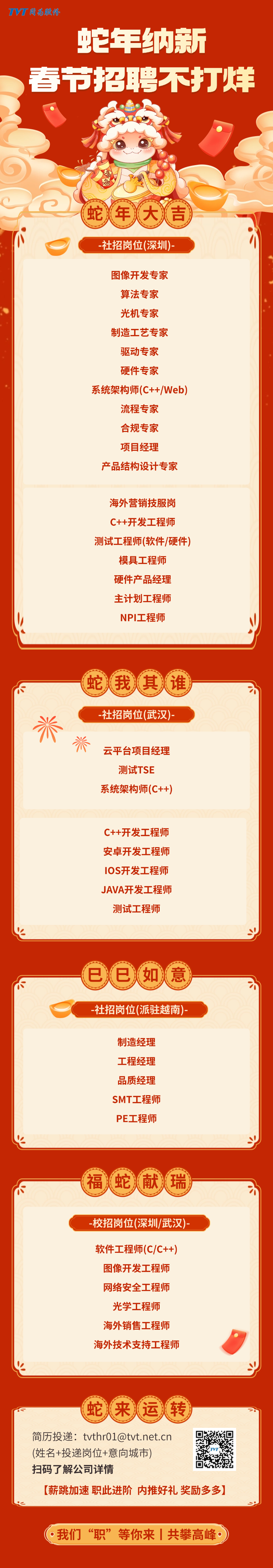 <p>TVT同为股修</p>
<p>蛇年纳新</p>
<p>春节招聘不打烊</p>
<p>人品</p>
<p>脸</p>
<p>(蛇年)大)吉)</p>
<p>-社招岗位(深圳)-</p>
<p>图像开发专家</p>
<p>算法专家</p>
<p>光机专家</p>
<p>制造工艺专家</p>
<p>驱动专家</p>
<p>硬件专家</p>
<p>系统架构师(C++/Web)</p>
<p>流程专家</p>
<p>合规专家</p>
<p>项目经理</p>
<p>产品结构设计专家</p>
<p>海外营销技服岗</p>
<p>C++开发工程师</p>
<p>测试工程师(软件/硬件)</p>
<p>模具工程师</p>
<p>硬件产品经理</p>
<p>主计划工程师</p>
<p>NPI工程师</p>
<p>蛇我其谁</p>
<p>市</p>
<p>-社招岗位(武汉)-</p>
<p>米</p>
<p>脊</p>
<p>云平台项目经理</p>
<p>测试TSE</p>
<p>系统架构师(C++)</p>
<p>C++开发工程师</p>
<p>安卓开发工程师</p>
<p>IOS开发工程师</p>
<p>JAVA开发工程师</p>
<p>测试工程师</p>
<p>4</p>
<p>大e如意V汤</p>
<p>-社招岗位(派驻越南)-</p>
<p>制造经理</p>
<p>工程经理</p>
<p>品质经理</p>
<p>SMT工程师</p>
<p>PE工程师</p>
<p>4斗</p>
<p>福蛇献瑞</p>
<p>卡才</p>
<p>-校招岗位(深圳/武汉)-</p>
<p>软件工程师(C/C++)</p>
<p>图像开发工程师</p>
<p>网络安全工程师</p>
<p>光学工程师</p>
<p>海外销售工程师</p>
<p>海外技术支持工程师</p>
<p>蛇来运转</p>
<p>简历投递: ****</p>
<p>(姓名+投递岗位+意向城市)</p>
<p>扫码了解公司详情</p>
<p>[薪跳加速职此进阶内推好礼奖励多多]</p>
<p>我们&ldquo;职&rdquo;等你来1共攀高峰。</p>
