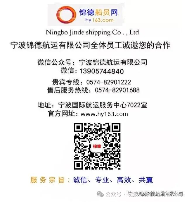 <p>锦德船员网</p>
<p>hy163.com</p>
<p>Ningbo Jinde shipping Co., Ltd</p>
<p>宁波锦德航运有限公司全体员工诚邀您的合作</p>
<p>微信公众号:宁波锦德航运有限公司</p>
<p>微信:13905744840<br/>贵宾专线:0574-82901222<br/>售后服务热线:0574-82901688</p>
<p>地址:宁波国际航运服务中心7022室<br/>官方网址:www.hy163.com</p>
<p>锦得</p>
<p>服务宗旨:诚信、专业、高效、共赢</p>
<p>公众号,差波宁波德航溪限丝司</p>