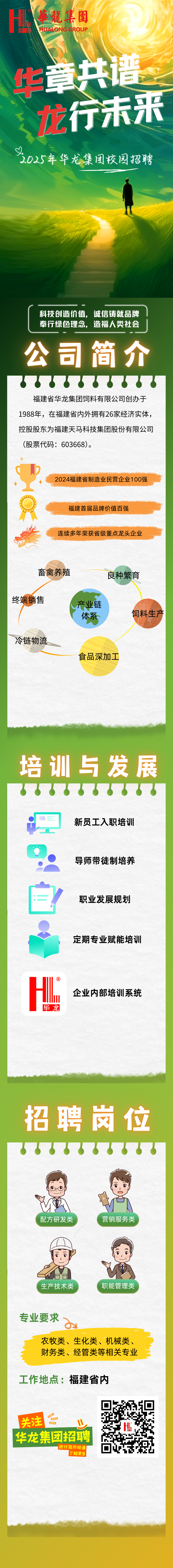 <p>華龍集圍</p>
<p>华HUALONG GROUP</p>
<p>章共谱</p>
<p>龙行未来</p>
<p>2025年华龙集团校园招聘</p>
<p>科技创造价值,诚信铸就品牌奉行绿色理念,造福人类社会</p>
<p>公司简介</p>
<p>配方研发类营销服务类</p>
<p>G</p>
<p>生产技术类职能管理类</p>
<p>专业要求</p>
<p>农牧类、生化类、机械类、</p>
<p>财务类、经管类等相关专业</p>
<p>工作地点:福建省内</p>
<p>怨</p>
<p>关注台</p>
<p>H</p>
<p>华龙集团招聘</p>
<p>进行 简历投递</p>
<p>了解更多</p>

<table>
<tr><td>福建省华龙集团饲料有限公司创办于1988年,在福建省内外拥有26家经济实体,控股股东为福建天马科技集团股份有限公司(股票代码: 603668)。CA )2024福建省制造业民营企业100强福建首届品牌价值百强d 连续多年荣获省级重点龙头企业心畜禽养殖 良种繁育终端销售(产业链体系 饲料生产冷链物流食品深加工</td>
</tr>
<tr><td>培训与发展] 新员工入职培训 . 导师带徒制培养n自 职业发展规划 定期专业赋能培训H ③企业内部培训系统华龙</td>
</tr>
<tr><td>招聘岗位</td>
</tr>
</table>
