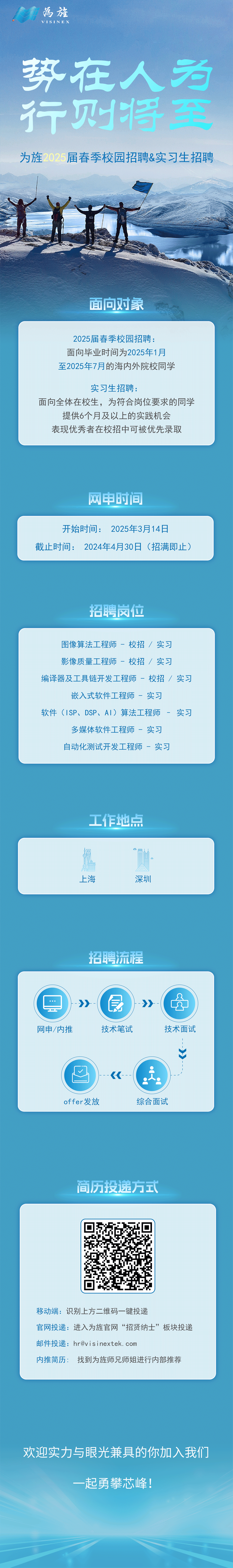 <p>為旌<br/>VISINEX</p>
<p>势在人为<br/>行则将至<br/>为旌2025届春季校园招聘&实习生招聘</p>
<p>面向对象</p>
<p>2025届春季校园招聘:<br/>面向毕业时间为2025年1月<br/>至2025年7月的海内外院校同学</p>
<p>实习生招聘:</p>
<p>面向全体在校生，为符合岗位要求的同学<br/>提供6个月及以上的实践机会</p>
<p>表现优秀者在校招中可被优先录取</p>
<p>网申时间</p>
<p>开始时间:2025年3月14日</p>
<p>截止时间:2024年4月30日(招满即止)</p>
<p>招聘岗位</p>
<p>图像算法工程师-校招/实习<br/>影像质量工程师-校招/实习</p>
<p>编译器及工具链开发工程师-校招/实习</p>
<p>嵌入式软件工程师-实习</p>
<p>软件(ISP、DSP、AI)算法工程师-实习</p>
<p>多媒体软件工程师-实习<br/>自动化测试开发工程师-实习</p>
<p>工作地点</p>
<p>上海</p>
<p>深圳</p>
<p>招聘流程</p>
<p>></p>
<p>网申/内推</p>
<p>-></p>
<p>技术笔试</p>
<p>技术面试</p>
<p>offer发放</p>
<p>综合面试</p>
<p>商历投递方式</p>
<p>移动端:识别上方二维码一键投递</p>
<p>官网投递:进入为旌官网“招贤纳士”板块投递<br/>邮件投递:****</p>
<p>内推简历:<br/>找到为旌师兄师姐进行内部推荐</p>
<p>欢迎实力与眼光兼具的你加入我们</p>
<p>起勇攀芯峰!</p>
