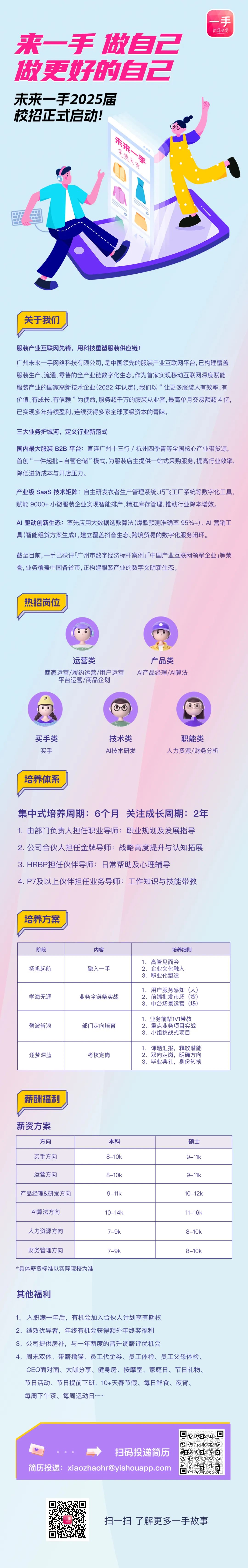 <p>来一手做自己<br/>做更好的自己</p>
<p>一手</p>
<p>拿源头货</p>
<p>未来一手2025届<br/>校招正式启动!</p>
<p>来一手</p>
<p>拿源头货</p>
<p>关于我们</p>
<p>服装产业互联网先锋,用科技重塑服装供应链!</p>
<p>广州未来一手网络科技有限公司,是中国领先的服装产业互联网平台,已构建覆盖<br/>服装生产、流通、零售的全产业链数字化生态。作为首家实现移动互联网深度赋能<br/>服装产业的国家高新技术企业(2022年认定),我们以“让更多服装人有效率、有<br/>价值、有成长、有信赖”为使命,服务超千万的服装从业者,最高单月交易额超4亿,<br/>已实现多年持续盈利,连续获得多家全球顶级资本的青睐。</p>
<p>三大业务护城河,定义行业新范式</p>
<p>国内最大服装B2B平台:直连广州十三行/杭州四季青等全国核心产业带货源,<br/>首创“一件起批+自营仓储”模式,为服装店主提供一站式采购服务,提高行业效率,<br/>降低进货成本与开店压力。</p>
<p>产业级SaaS技术矩阵:自主研发衣者生产管理系统、巧飞工厂系统等数字化工具,<br/>赋能9000+小微服装企业实现智能排产、精准库存管理,推动行业降本增效。</p>
<p>AI驱动创新生态:率先应用大数据选款算法(爆款预测准确率95%+)、AI营销工<br/>具(智能组货方案生成),建立覆盖抖音生态、跨境贸易的数字化服务闭环。</p>
<p>截至目前,一手已获评「广州市数字经济标杆案例」「中国产业互联网领军企业」等荣<br/>誉,业务覆盖中国各省市, 正构建服装产业的数字文明新生态。</p>
<p>热招岗位</p>
<p>运营类</p>
<p>产品类</p>
<p>商家运营/履约运营/用户运营AI产品经理/AI算法<br/>平台运营/商品企划</p>
<p>买手类</p>
<p>买手</p>
<p>技术类<br/>AI技术研发</p>
<p>职能类</p>
<p>人力资源/财务分析</p>
<p>培养体系</p>
<p>集中式培养周期:6个月关注成长周期:2年<br/>1.由部门负责人担任职业导师:职业规划及发展指导<br/>2.公司合伙人担任金牌导师:战略高度提升与认知拓展<br/>3.HRBP担任伙伴导师:日常帮助及心理辅导</p>
<p>4.P7及以上伙伴担任业务导师:工作知识与技能带教</p>
<p>培养方案</p>
<p>阶段<br/>扬帆起航</p>
<p>内容<br/>融入一手</p>
<p>培养细则</p>
<p>1、高管见面会<br/>2、企业文化融入<br/>3、职业化塑造</p>
<p>学海无涯</p>
<p>业务全链条实战</p>
<p>1、用户服务感知(人)<br/>2、前端批发市场(货)<br/>3、中台场景运营(场)</p>
<p>劈波斩浪</p>
<p>部门定向培育</p>
<p>1、业务前辈1V1带教<br/>2、重点业务项目实战<br/>3、小组挑战式项目</p>
<p>逐梦深蓝</p>
<p>考核定岗</p>
<p>1、课题汇报,释放潜能<br/>2、双向定岗,明确方向<br/>3、毕业典礼,身份转换</p>
<p>薪酬福利</p>
<p>薪资方案</p>
<p>方向<br/>买手方向</p>
<p>本科</p>
<p>8-10k</p>
<p>硕士</p>
<p>9-11k</p>
<p>运营方向</p>
<p>8-10k</p>
<p>9-11k</p>
<p>产品经理&研发方向<br/>AI算法方向</p>
<p>9-11k<br/>10-14k</p>
<p>10-12k<br/>11-16k</p>
<p>人力资源方向</p>
<p>7-9k</p>
<p>8-10k</p>
<p>财务管理方向</p>
<p>*具体薪资标准以实际院校为准</p>
<p>7-9k</p>
<p>8-10k</p>
<p>其他福利</p>
<p>1、入职满一年后,有机会加入合伙人计划享有期权</p>
<p>2、绩效优异者,年终有机会获得额外年终奖福利</p>
<p>3、公司提供房补,与一年两度的晋升调薪评优机会</p>
<p>4、周末双休、带薪撸猫、员工代金券、员工体检、员工父母体检、</p>
<p>CEO面对面、大咖分享、健身房、按摩室、家庭日、节日礼物、<br/>节日活动、节日提前下班、10+天春节假、每日鲜食、夜宵、</p>
<p>每周下午茶、每周运动日~~~</p>
<p>扫码投递简历</p>
<p>简历投递:****</p>
<p>准口</p>
<p>扫一扫了解更多一手故事</p>