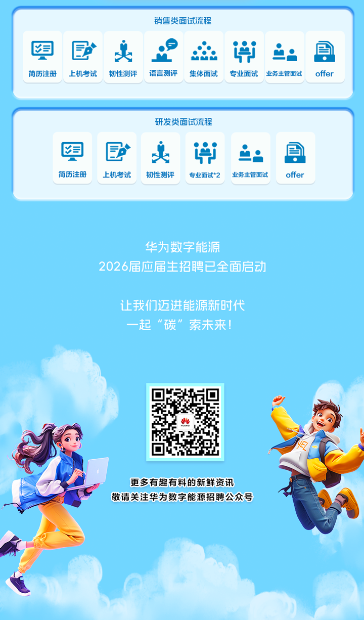 <p>消售类面试流程</p>
<p>8</p>
<p>E</p>
<p>中</p>
<p>兰</p>
<p>简历注册</p>
<p>上机考试</p>
<p>韧性测评</p>
<p>语言测评</p>
<p>集体面试</p>
<p>专业面试</p>
<p>业务主管面试</p>
<p>offer</p>
<p>研发类面试流程</p>
<p>司</p>
<p>E</p>
<p>瓷</p>
<p>简历注册</p>
<p>上机考试</p>
<p>韧性测评</p>
<p>专业面试*2</p>
<p>业务主管面试</p>
<p>offer</p>
<p>华为数字能源</p>
<p>2026届应届生招聘已全面启动</p>
<p>让我们迈进能源新时代</p>
<p>一起&ldquo;碳&rdquo;索未来！</p>
<p>更多有趣有料的新鲜资讯</p>
<p>敬请关注华为数字能源招聘公众号</p>
