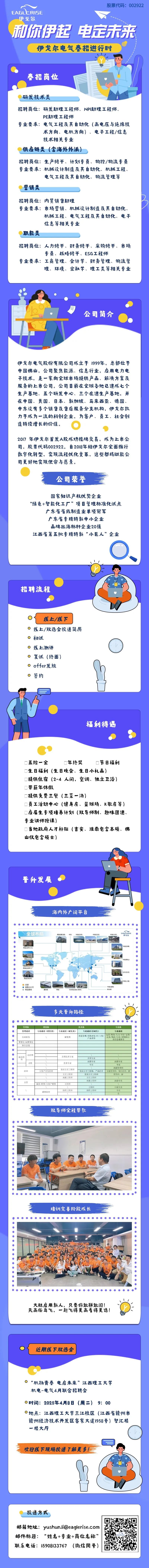 <p>股票代码: 002922</p>
<p>EAGl CRISE</p>
<p>伊戈尔</p>
<p>和你伊起电定未来</p>
<p>伊戈尔电气春招进行时</p>
<p>春招岗位</p>
<p>研发技术类</p>
<p>招聘岗位:研发助理工程师、NPI助理工程师、</p>
<p>PE助理工程师</p>
<p>专业要求:电气工程及其自动化(高电压与绝缘技</p>
<p>术方向、电机方向) .电子工程/信息</p>
<p>技术相关专业</p>
<p>供应链类(含海外外派)</p>
<p>招聘岗位:生产储干、计划专员、物控/物流专员</p>
<p>专业要求:机械设计制造及其自动化、机械工程、</p>
<p>电气工程及其自动化、物流管理等</p>
<p>营销类</p>
<p>招聘岗位:内贸销售助理</p>
<p>专业要求:市场营销、机械设计制造及其自动化、</p>
<p>机械工程、电气工程及其自动化、电子</p>
<p>信息等相关专业</p>
<p>职能类</p>
<p>招聘岗位:人力储干、财务储干、采购储干、市场</p>
<p>专员、战略储干、ESG工程师</p>
<p>专业要求:工商管理、会计学、财务管理、物流管</p>
<p>理、环境、金融学、理工类等相关专业</p>
<p>公司简介</p>
<p>伊戈尔电气股份有限公司成立于1999年, 总部位于</p>
<p>中国佛山,公司聚焦能源、信息行业,应用电力电</p>
<p>子技术,是一家向全球市场提供产品、解决方案及</p>
<p>服务的上市公司。公司目前在全球各地已建成七个</p>
<p>生产基地、五个研发中心、三个在建生产基地,并</p>
<p>在中国、美国、日本、新加坡、马来西亚、德国、</p>
<p>中东设有多个销售及售后服务分支机构,伊戈尔致</p>
<p>力于成为一流的科创企业,为客户、员工、社会创</p>
<p>造持续增长的价值。 </p>
<p>2017 年伊戈尔首发A股成功挂牌交易,成为上市公</p>
<p>司,股票代码002922。 自2018年始伊戈尔全面推行</p>
<p>数字化转型,实现流程优化变革,这些都将赋能公</p>
<p>司更好地实现使命与愿景。</p>
<p>公司荣誉</p>
<p>国家知识产权优势企业</p>
<p>"绿色+智能化工厂”项目管理标准化试点</p>
<p>广东省省级制造业单项冠军</p>
<p>广东省专精特新中小企业</p>
<p>品牌出海标杆企业20强</p>
<p>江西省第五批专精特新“小巨人”企业</p>
<p>招聘流程</p>
<p>线上/线下</p>
<p>0线上/双选会投递简历</p>
<p>0初试</p>
<p>0线上测评</p>
<p>0复试(终面)</p>
<p>0 offer发放</p>
<p>A</p>
<p>0签约</p>
<p>福利待遇</p>
<p>☐五险一金☐年终奖☐节8福利</p>
<p>☐生日福利(生日晚会、生日小礼品)</p>
<p>☐提供住宿(2-4 人间,空调、独立卫浴)</p>
<p>☐带薪年休假</p>
<p> 提供免费三餐(三菜一汤)</p>
<p>☐员工活动中心(健身房、篮球场、K歌房等)</p>
<p>应届生专项培养计划(双导师制、趣味团建.</p>
<p>专业讲师授课)</p>
<p>☐当地政府人才补贴(吉安、淮南包含本硕、佛</p>
<p>山仅包含硕士)</p>
<p>晋升发展</p>
<p>海内外广阔平台</p>
<p>全球布局德国(幕尼黑) 中东 中国吉册中国吉安中国(北就</p>
<p>美国亚特兰力中国安街</p>
<p>中国佛山)</p>
<p>美国达拉斯工厂</p>
<p>8本床南</p>
<p>美国(洛杉4)</p>
<p>中国上阀</p>
<p> 限公,制造基地马東西亚(置兰最州中国者湖</p>
<p>多元晋升路径</p>
<p>                         </p>
<p>管理族销售族专业族</p>
<p>管理通道 专业通道(销售类)| 专业通道(研发类) 专业通道(研发)专业通道</p>
<p>行政职务研发类质量管理本学T/工程/运营/财务/人力审计证券法务/物道/行政/采期执行/ </p>
<p>董事长/刷莱事长 .</p>
<p>执行总裁</p>
<p>总经理肖席技术专家首愿专家</p>
<p>总监技术专家高级专家高级专家</p>
<p>经理大客户开发经理资深主任工程师资深主任工程师、 产品经理中级管理师、 项目经理、B 高级管理师</p>
<p>主任工程师资深任工程师管理师、BP</p>
<p>高级工程师主王工程师</p>
<p>主管商务/作1/大客户销售 工程师高自工程师高级专员</p>
<p>______工程师中级专员</p>
<p>销售助理助理工程师</p>
<p>双导师全程带教</p>
<p>培训完善阶段成长</p>
<p>大胆启用新人,只要你敢拼敢闯!</p>
<p>天高任鸟飞,一起飞得更高看得更远!</p>
<p>近期线下双选会</p>
<p>0“机扬青春电启未来”江西理工大学</p>
<p>机电-电气4月联合招聘会</p>
<p>0时间: 2025年4月8日 (周=) 9: 00</p>
<p>☐地点:江西理工大学三江校区(江西省赣州市</p>
<p>赣州经济技术开发区客家大道1958号)智汇楼</p>
<p>一楼大厅</p>
<p>Q</p>
<p>欢迎线下现场投递了解更多三</p>
<p>投递方式</p>
<p>邮箱地址: **** </p>
<p>邮件标题: “姓名+专业+岗位名称"</p>
<p>联系电话: 15908133767(微信同号)</p>
