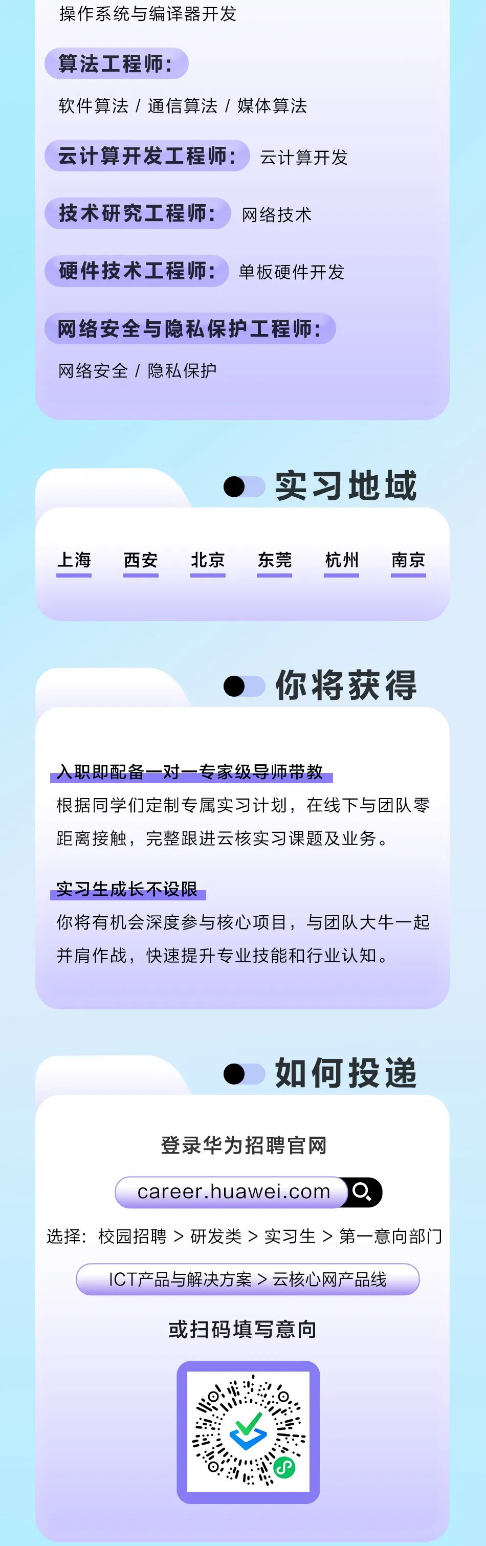 <p>操作系统与编译器开发</p>
<p>算法工程师:</p>
<p>软件算法/通信算法/媒体算法</p>
<p>云计算开发工程师:云计算开发</p>
<p>技术研究工程师:<br/>网络技术<br/>硬件技术工程师:单板硬件开发</p>
<p>网络安全与隐私保护工程师:<br/>网络安全/隐私保护</p>
<p>上海</p>
<p>西安</p>
<p>北京</p>
<p>实习地域<br/>东莞</p>
<p>杭州</p>
<p>南京</p>
<p>你将获得</p>
<p>入职即配备一对一专家级导师带教</p>
<p>根据同学们定制专属实习计划，在线下与团队零<br/>距离接触，完整跟进云核实习课题及业务。</p>
<p>实习生成长不设限</p>
<p>你将有机会深度参与核心项目，与团队大牛一起<br/>并肩作战，快速提升专业技能和行业认知。</p>
<p>如何投递</p>
<p>登录华为招聘官网</p>
<p>career.huawei.com</p>
<p>选择:校园招聘>研发类>实习生>第一意向部门</p>
<p>ICT产品与解决方案>云核心网产品线</p>
<p>或扫码填写意向</p>
<p>0:<br/> </p>
