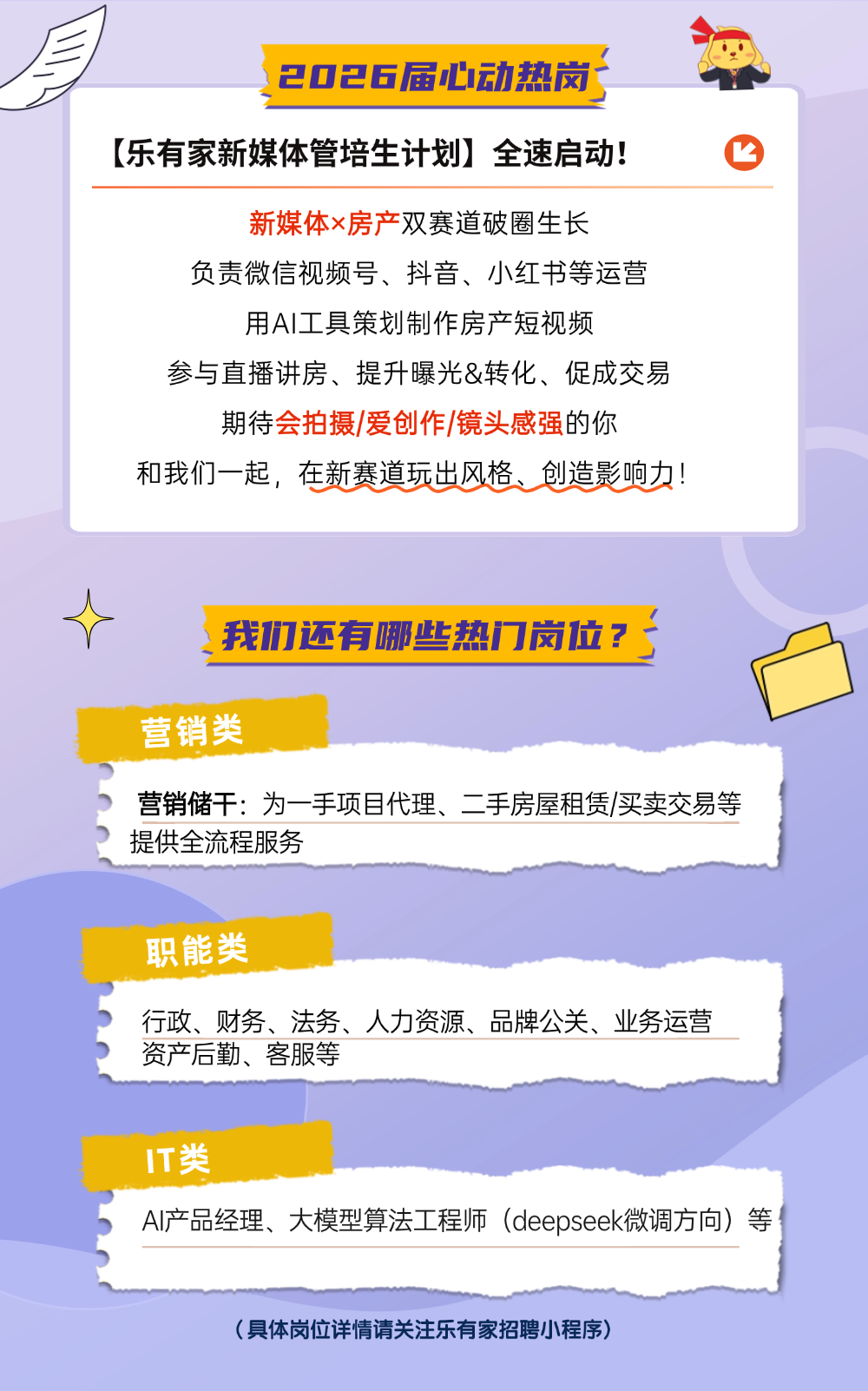 <p>20日26届心动热岗</p>
<p>(乐有家新媒体管培生计划)</p>
<p>全速启动!</p>
<p>新媒体&times;房产双赛道破圈生长</p>
<p>负责微信视频号、抖音、小红书等运营</p>
<p>用AI工具策划制作房产短视频</p>
<p>参与直播讲房、提升曝光&转化、促成交易</p>
<p>期待会拍摄/爱创作/镜头感强的你</p>
<p>和我们一起，在新赛道玩出风格、创造影响力</p>
<p>我功达有哪热门岗?</p>
<p>营销类</p>
<p>营销储干：为一手项目代理、二手房屋租赁/买卖交易等</p>
<p>提供全流程服务</p>
<p>职能类</p>
<p>行政、财务、法务、人力资源、品牌公关、业务运营</p>
<p>资产后勤、客服等</p>
<p>T类</p>
<p>AI产品经理、大模型算法工程师（deepseek微调方向）等</p>
<p>(具体岗位详情请关注乐有家招聘小程序)</p>

