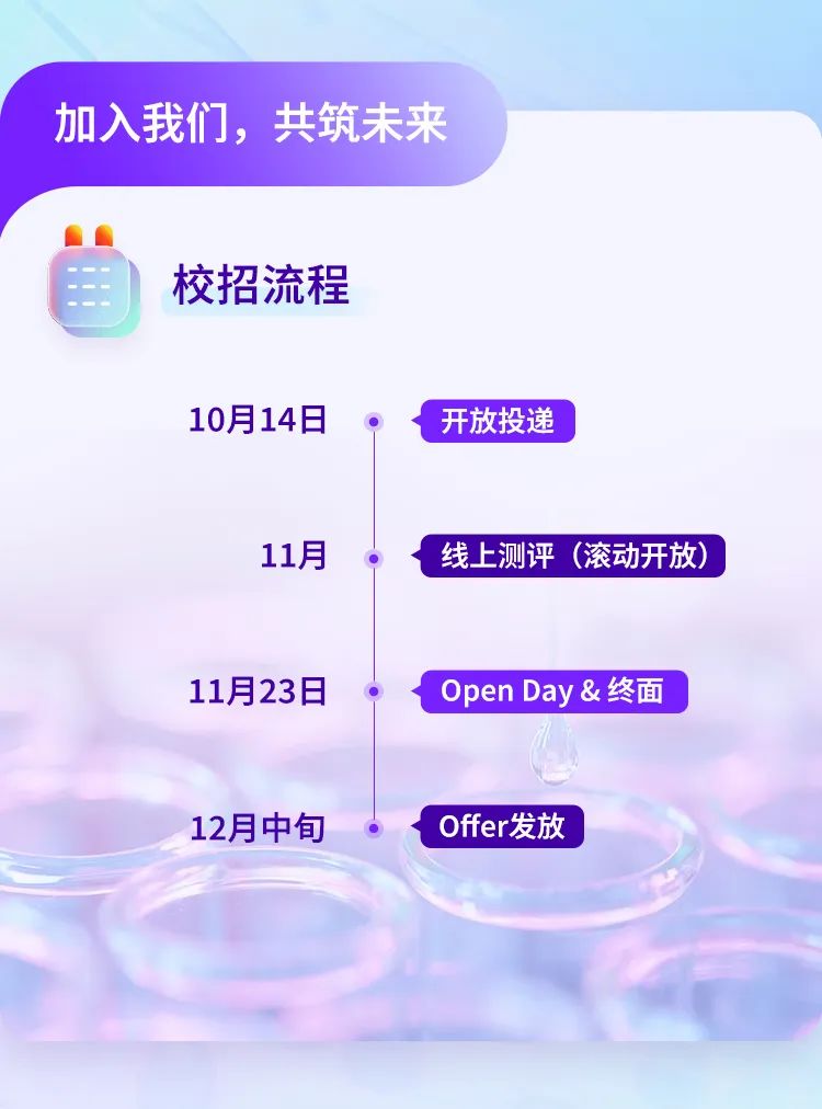 <p>加入我们,共筑未来</p>
<p>校招流程</p>
<p>10月14日  开放投递</p>
<p>11月线上测评(滚动开放)</p>
<p>11月23日 ,) Open Day &终面</p>
<p>12月中旬Offer发放</p>
