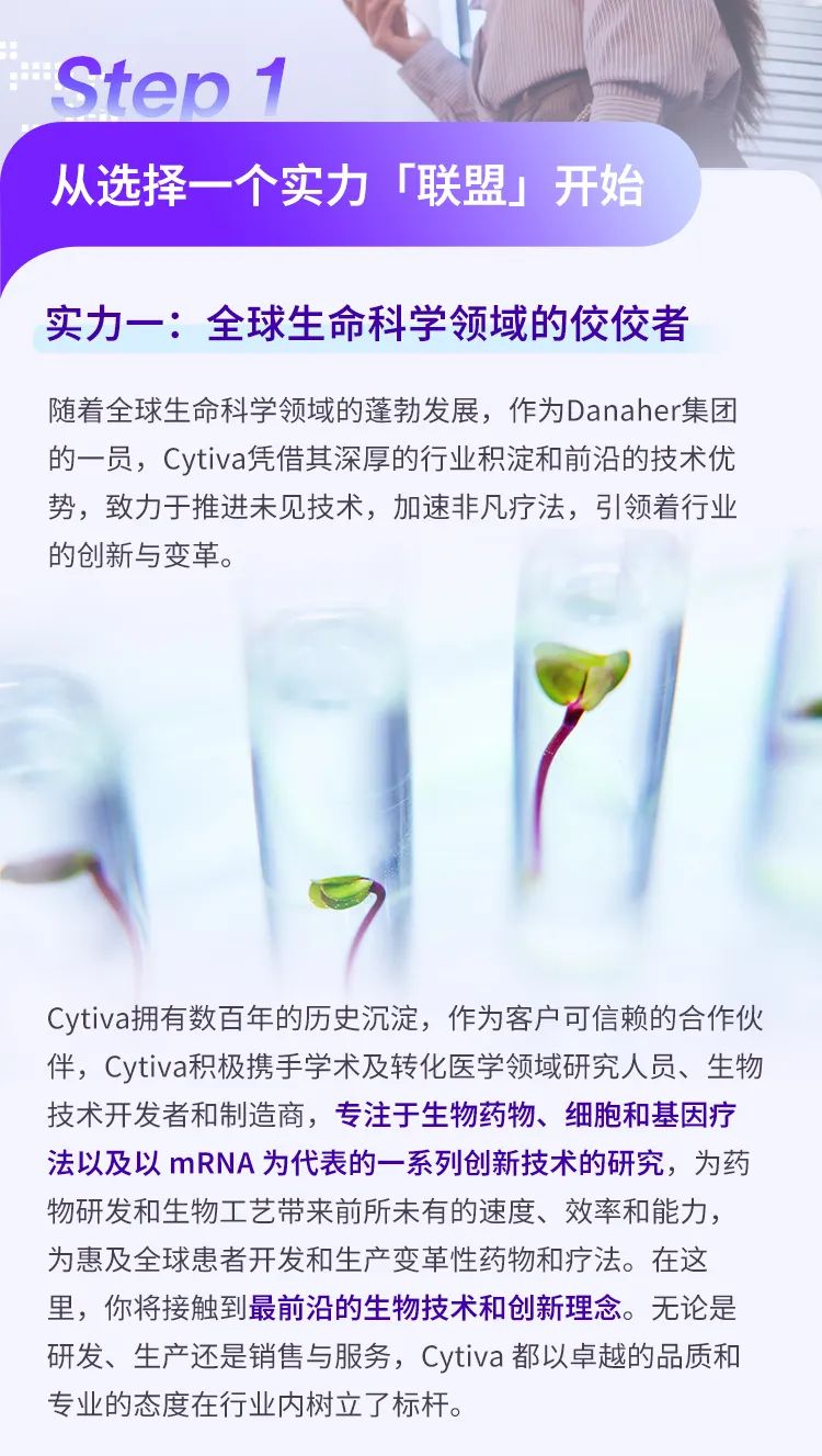<p>Step 1</p>
<p>从选择一个实力「联盟」开始</p>
<p>实力一:全球生命科学领域的佼佼者</p>
<p>随着全球生命科学领域的蓬勃发展,作为Danaher集团</p>
<p>的一员,Cytiva凭借其深厚的行业积淀和前沿的技术优</p>
<p>势,致力于推进未见技术,加速非凡疗法,引领着行业</p>
<p>的创新与变革。</p>
<p>Cytiva拥有数百年的历史沉淀,作为客户可信赖的合作伙</p>
<p>伴,Cytiva积极携手学术及转化医学领域研究人员、生物</p>
<p>技术开发者和制造商,专注于生物药物、细胞和基因疗</p>
<p>法以及以mRNA为代表的一系列创新技术的研究,为药</p>
<p>物研发和生物工艺带来前所未有的速度、效率和能力,</p>
<p>为惠及全球患者开发和生产变革性药物和疗法。在这</p>
<p>里,你将接触到最前沿的生物技术和创新理念。无论是</p>
<p>研发、生产还是销售与服务,Cytiva都以卓越的品质和</p>
<p>专业的态度在行业内树立了标杆。</p>
