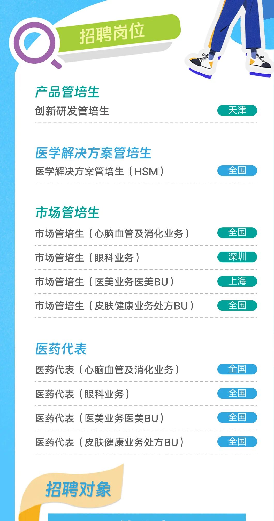 <p>招聘岗位</p>
<p>产品管培生</p>
<p>创新研发管培生</p>
<p>天津</p>
<p>医学解决方案管培生</p>
<p>医学解决方案管培生(HSM)</p>
<p>全国</p>
<p>市场管培生</p>
<p>市场管培生(心脑血管及消化业务）</p>
<p>全国</p>
<p>市场管培生</p>
<p>三（眼科业务)</p>
<p>深圳</p>
<p>市场管培生(医美业务医美BU)</p>
<p>上海</p>
<p>市场管培生（皮肤健康业务处方BU)</p>
<p>全国</p>
<p>医药代表</p>
<p>医药代表(心脑血管及消化业务）</p>
<p>全国</p>
<p>医药代表（眼科业务）</p>
<p>全国</p>
<p>医药代表（医美业务医美BU)</p>
<p>全国</p>
<p>医药代表（皮肤健康业务处方BU)</p>
<p>全国</p>
<p>招聘对象</p>
