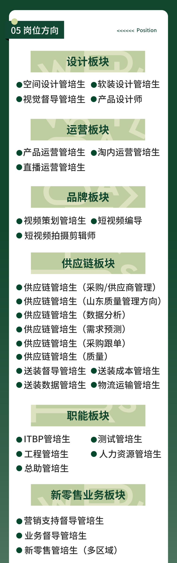 <p>05岗位方向<<<<<< Position</p>
<p>设计板块</p>
<p>( )空间设计管培生(软装设计管培生</p>
<p> 视觉督导管培生 产品设计师</p>
<p>运营板块</p>
<p>(产品运营管培生(淘内运营管培生</p>
<p> 直播运营管培生</p>
<p>品牌板块</p>
<p>视频策划管培生 (短视频编导</p>
<p> 短视频拍摄剪辑师</p>
<p>供应链板块</p>
<p> 供应链管培生(采购/供应商管理)</p>
<p> 供应链管培生(山东质量管理方向)</p>
<p> 供应链管培生(数据分析)</p>
<p>( )供应链管培生(需求预测)</p>
<p> 供应链管培生(采购跟单)</p>
<p> 供应链管培生(质量)</p>
<p> 送装督导管培生 送装成本管培生</p>
<p> 送装数据管培生 物流运输管培生</p>
<p>职能板块</p>
<p>( ) ITBP管培生(测试管培生</p>
<p>  工程管培生 人力资源管培生</p>
<p> 总助管培生</p>
<p>新零售业务板块</p>
<p>()营销支持督导管培生</p>
<p> 业务督导管培生</p>
<p>)新零售管培生(多区域)</p>
