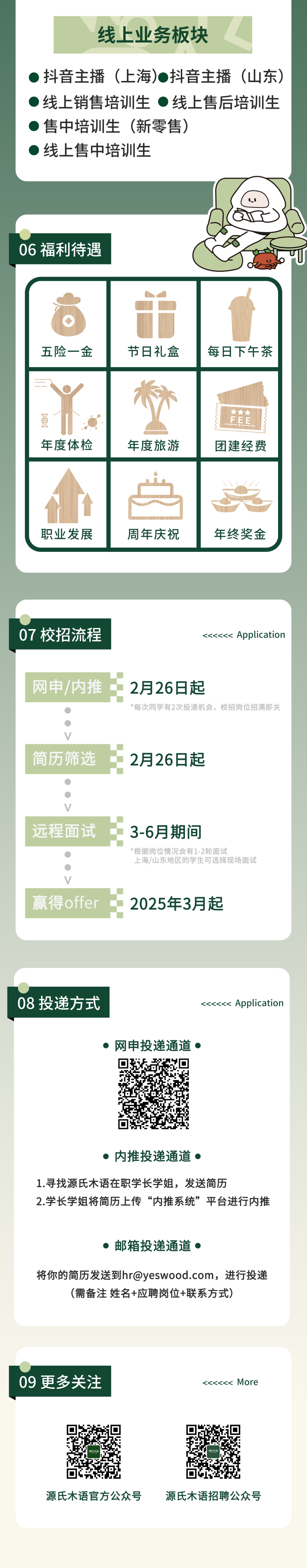 <p>线.上业务板块</p>
<p>)线上售中培训生)售中培训生(新零售))线上销售培训生 线上售后培训生抖音主播(上海)(抖音主播(山东)</p>
<p>06福利待遇</p>
<p>n</p>
<p>王</p>
<p>09更多关注<<<<<< More</p>
<p>源氏木语官方公众号源氏木语招聘公众号</p>

<table>
<tr><td></td>
<td colspan="2"></td>
</tr>
<tr><td>五险一金</td>
<td>节日礼盒</td>
<td>每日下午茶</td>
</tr>
<tr><td>員年度体检</td>
<td>年度旅游</td>
<td>佳团建经费</td>
</tr>
<tr><td>职业发展</td>
<td>周年庆祝</td>
<td>年终奖金</td>
</tr>
<tr><td colspan="3"></td>
</tr>
<tr><td colspan="3"></td>
</tr>
<tr><td colspan="3">07校招流程 <<<<< Application网申/内推 2月26日起*每次同学有2次投递机会,校招岗位招满即关 V简历筛选 2月26日起V远程面试 3-6月期间*根据岗位情况会有1-2轮面试上海/山东地区的学生可选择现场面试V赢得offer 2025年3月起</td>
</tr>
<tr><td colspan="3"></td>
</tr>
<tr><td colspan="3">08投递方式 <<<<< Application 网申投递通道 回 品 回 内推投递通道 1.寻找源氏木语在职学长学姐,发送简历2.学长学姐将简历上传&ldquo;内推系统&rdquo;平台进行内推 邮箱投递通道. 将你的简历发送到****, 进行投递(需备注姓名+应聘岗位+联系方式)</td>
</tr>
<tr><td colspan="3"></td>
</tr>
</table>
