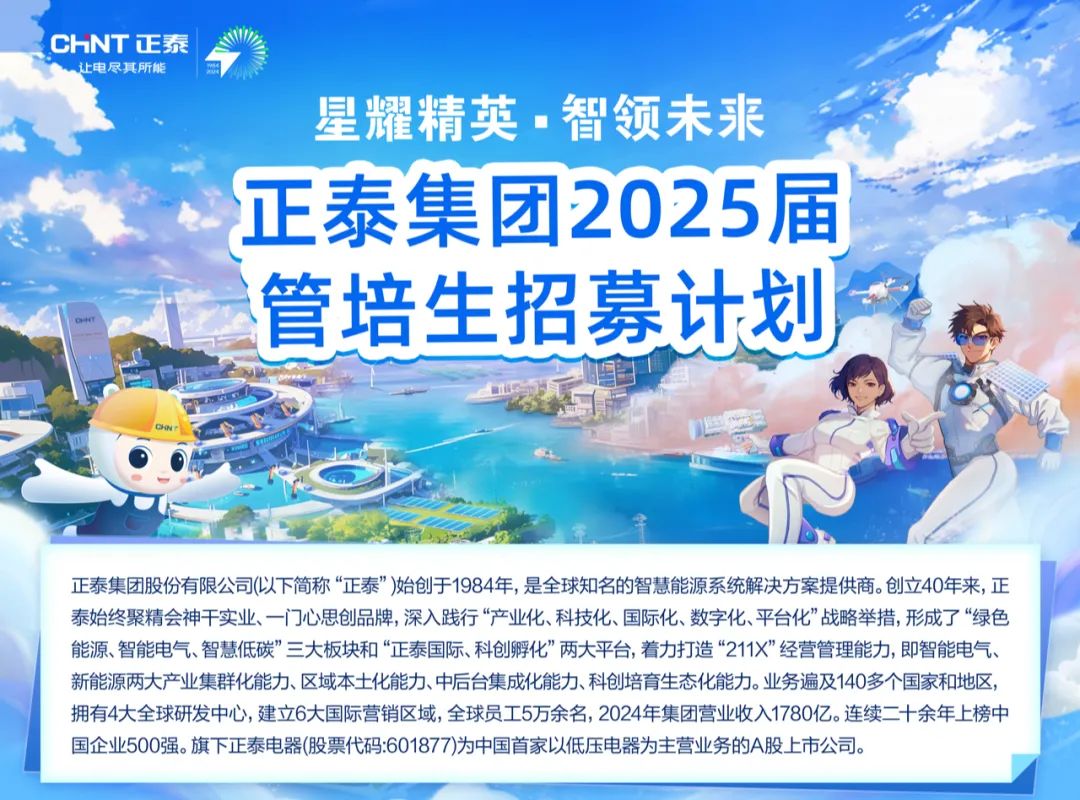 <p>CHNT 正泰</p>
<p>让电尽其所能</p>
<p>星耀精英智领未来</p>
<p>正泰集团2025届</p>
<p>管培生招募计划</p>
<p>宇</p>
<p>正泰集团股份有限公司(以下简称“正泰”)始创于1984年,是全球知名的智慧能源系统解决方案提供商。创立40年来,正</p>
<p>泰始终聚精会神干实业、- -i ]心思创品牌,深入践行“产业化、科技化、国际化、数字化、平台化”战略举措,形成了“绿色</p>
<p>能源、智能电气、智慧低碳”三大板块和“正泰国际、科创孵化”两大平台,着力打造“211X"经营管理能力,即智能电气、</p>
<p>新能源两大产业集群化能力、区域本土化能力、中后台集成化能力、科创培育生态化能力。业务遍及140多个国家和地区,</p>
<p>拥有4大全球研发中心,建立6大国际营销区域,全球员工5万余名, 2024年集团营业收入1780亿。连续二十余年上榜中</p>
<p>国企业500强。旗下正泰电器(股票代码:601877)为中国首家以低压电器为主营业务的A股上市公司。</p>
