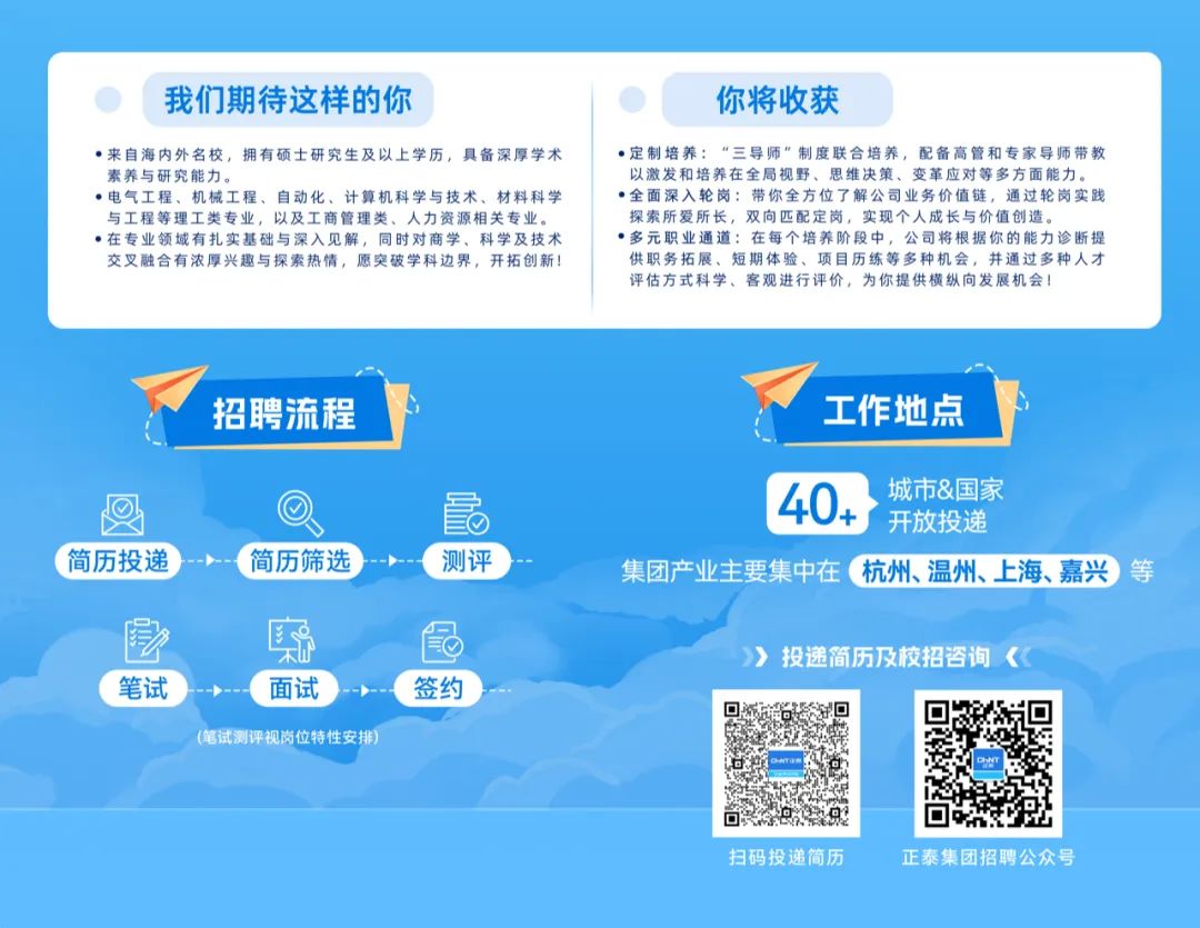 <p>我们期待这样的你</p>
<p>你将收获</p>
<p>●来自海内外名校，拥有硕士研究生及以上学历，具备深厚学术</p>
<p>。定制培养:“三导师”制度联合培养，配备高管和专家导师带教</p>
<p>素养与研究能力。</p>
<p>以激发和培养在全局视野、思维决策、变革应对等多方面能力。</p>
<p>●电气工程、机械工程、自动化、计算机科学与技术、材料科学</p>
<p>●全面深入轮岗:带你全方位了解公司业务价值链，通过轮岗实践</p>
<p>与工程等理工类专业，以及工商管理类、人力资源相关专业。</p>
<p>探索所爱所长，双向匹配定岗，实现个人成长与价值创造。</p>
<p>●在专业领域有扎实基础与深入见解，同时对商学、科学及技术</p>
<p>●多元职业通道:在每个培养阶段中，公司将根据你的能力诊断提</p>
<p>交叉融合有浓厚兴趣与探索热情，愿突破学科边界，开拓创新!供职务拓展、短期体验、项目历练等多种机会，并通过多种人才</p>
<p>评估方式科学、客观进行评价，为你提供横纵向发展机会!</p>
<p>招聘流程</p>
<p>工作地点</p>
<p>简历投递</p>
<p>简历筛选</p>
<p> </p>
<p>测评</p>
<p>40<br/>城市&国家</p>
<p>开放投递</p>
<p>集团产业主要集中在杭州、温州、上海、嘉兴等</p>
<p>笔试</p>
<p>面试</p>
<p>签约</p>
<p>》投递简历及校招咨询</p>
<p>(笔试测评视岗位特性安排</p>
<p>扫码投递简历</p>
<p>正泰集团招聘公众号</p>
