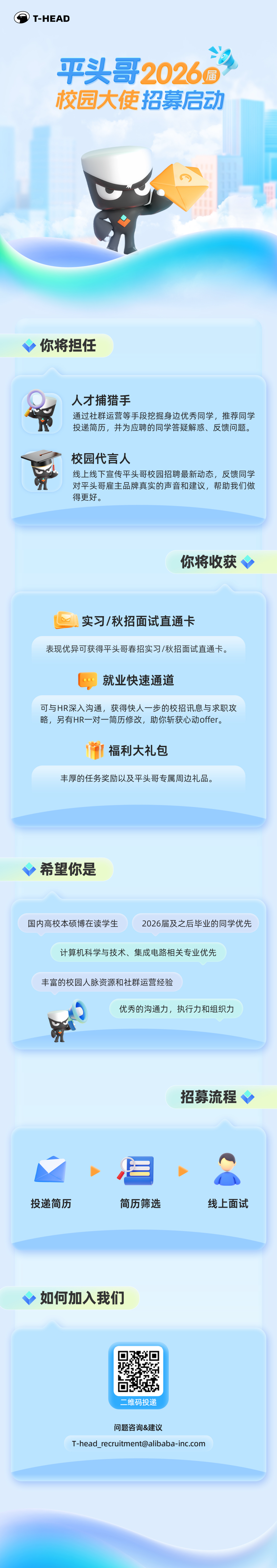 <p>T-HEAD</p>
<p>平头哥2026這<br/>校园大使招募启动</p>
<p>你将担任</p>
<p>人才捕猎手</p>
<p>通过社群运营等手段挖掘身边优秀同学，推荐同学<br/>投递简历，并为应聘的同学答疑解惑、反馈问题。</p>
<p>校园代言人</p>
<p>线上线下宣传平头哥校园招聘最新动态，反馈同学<br/>对平头哥雇主品牌真实的声音和建议，帮助我们做<br/>得更好。</p>
<p>你将收获</p>
<p>实习/秋招面试直通卡</p>
<p>表现优异可获得平头哥春招实习/秋招面试直通卡。</p>
<p>就业快速通道</p>
<p>可与HR深入沟通，获得快人一步的校招讯息与求职<br/>略，另有HR一对一简历修改，助你斩获心动offer。</p>
<p>福利大礼包</p>
<p>丰厚的任务奖励以及平头哥专属周边礼品。</p>
<p>希望你是</p>
<p>国内高校本硕博在读学生</p>
<p>2026届及之后毕业的同学优先</p>
<p>计算机科学与技术、集成电路相关专业优先</p>
<p>丰富的校园人脉资源和社群运营经验</p>
<p>优秀的沟通力，执行力和组织力</p>
<p>招募流程</p>
<p>投递简历</p>
<p>简历筛选</p>
<p>线上面试</p>
<p>如何加入我们</p>
<p>二维码投递</p>
<p>问题咨询&建议</p>
<p>****</p>
