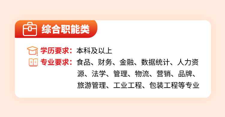 <p>综合职能类</p>
<p>学历要求:本科及以上</p>
<p>专业要求:食品、财务、金融、数据统计、人力资</p>
<p>源、法学、管理、物流、营销、品牌、<br/>旅游管理、工业工程、包装工程等专业</p>
