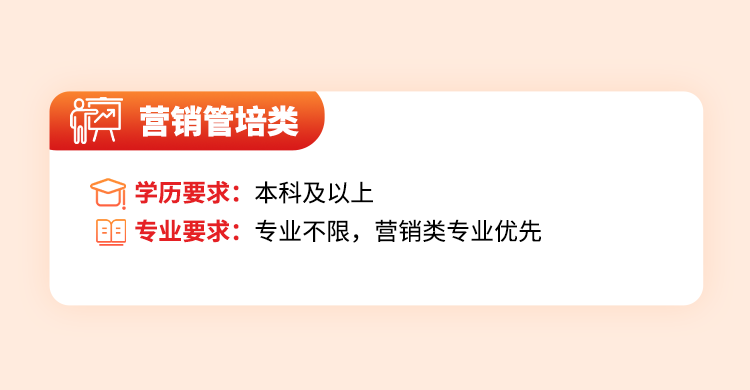 <p> </p>
<p>营销管培类</p>
<p>学历要求:<br/>本科及以上</p>
<p>专业要求:<br/>专业不限，营销类专业优先</p>
