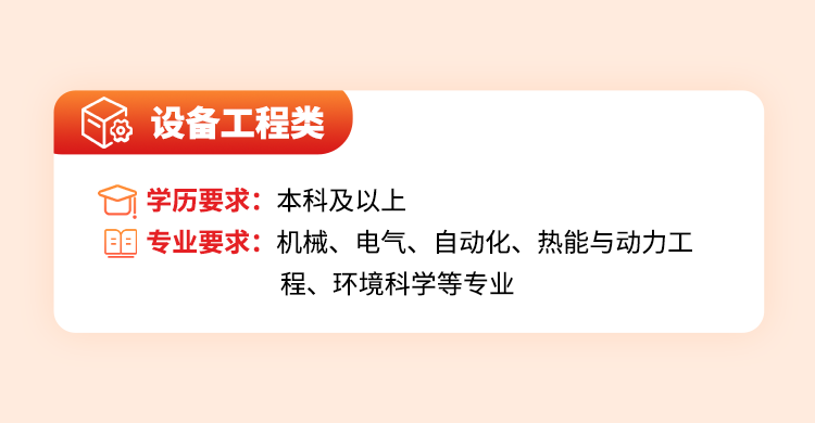 <p>设备工程类</p>
<p>学历要求:本科及以上</p>
<p>专业要求:机械、电气、自动化、热能与动力工</p>
<p>程、环境科学等专业</p>
