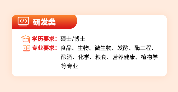 <p>研发类</p>
<p>学历要求:硕士/博士</p>
<p>专业要求:食品、生物、微生物、发酵、酶工程、</p>
<p>酿酒、化学、粮食、营养健康、植物学<br/>等专业</p>
