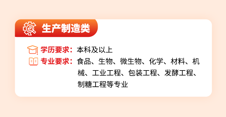 <p>生产制造类</p>
<p>学历要求:本科及以上</p>
<p>专业要求:食品、生物、微生物、化学、材料、机</p>
<p>械、工业工程、包装工程、发酵工程、<br/>制糖工程等专业</p>
