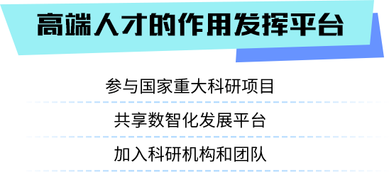 <p>高端人才的作用发挥平台</p>
<p>参与国家重大科研项目<br/>共享数智化发展平台<br/>加入科研机构和团队</p>
