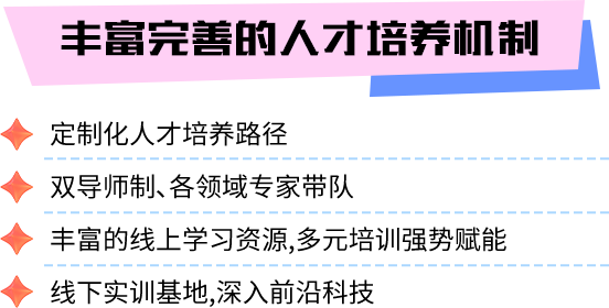 <p>丰富完善的人才培养机制</p>
<p>定制化人才培养路径</p>
<p>双导师制、各领域专家带队</p>
<p>丰富的线上学习资源,多元培训强势赋能<br/>线下实训基地,深入前沿科技</p>
