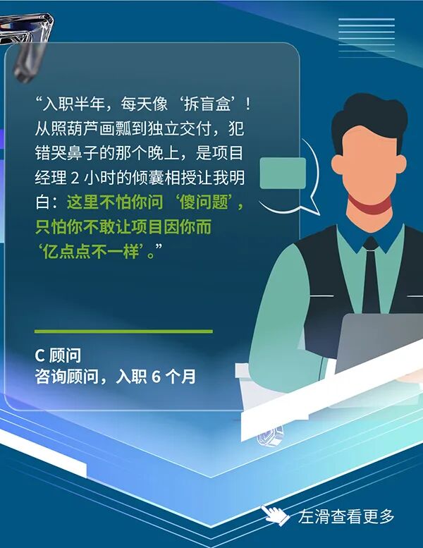 <p>&ldquo;入职半年,每天像拆盲盒&rsquo;！</p>
<p>从照葫芦画瓢到独立交付，犯</p>
<p>错哭鼻子的那个晚上，是项目</p>
<p>经理2小时的倾囊相授让我明</p>
<p>白：这里不怕你问傻问题&rsquo;，</p>
<p>只怕你不敢让项目因你而</p>
<p>&ldquo;亿点点不一样&rsquo;&rdquo;</p>
<p>C顾问</p>
<p>咨询顾问，入职6个月</p>
<p>左滑查看更多</p>
