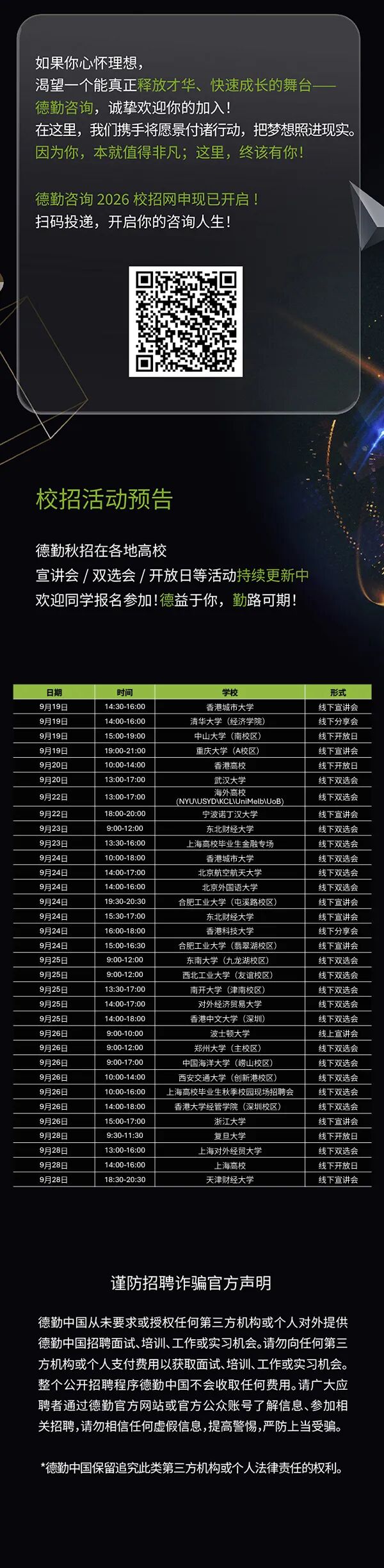 <p>如果你心怀理想,</p>
<p>渴望一个能真正释放才华、快速成长的舞台一</p>
<p>德勤咨询,诚挚欢迎你的加入!</p>
<p>在这里，我们携手将愿景付诸行动，把梦想照进现实。</p>
<p>因为你,本就值得非凡;这里,终该有你!</p>
<p>德勤咨询2026校招网申现已开启！</p>
<p>扫码投递，开启你的咨询人生!</p>
<p>校招活动预告</p>
<p>德勤秋招在各地高校</p>
<p>宣讲会/双选会/开放日等活动持续更新中</p>
<p>欢迎同学报名参加!德益于你,勤路可期</p>
<p>日期</p>
<p>时间</p>
<p>学校</p>
<p>形式</p>
<p>9月19日</p>
<p>14:30-16:00</p>
<p>香港城市大学</p>
<p>线下宣讲会</p>
<p>9月19日</p>
<p>14:00-16:00</p>
<p>清华大学（经济学院)</p>
<p>线下分享会</p>
<p>9月19日</p>
<p>15:00-19:00</p>
<p>中山大学（南校区)</p>
<p>线下开放日</p>
<p>9月19日</p>
<p>19:00-21:00</p>
<p>重庆大学（A校区)</p>
<p>线下宣讲会</p>
<p>9月20日</p>
<p>10:00-14:00</p>
<p>香港高校</p>
<p>线下开放日</p>
<p>9月20日</p>
<p>13:00-17:00</p>
<p>武汉大学</p>
<p>线下双选会</p>
<p>9月22日</p>
<p>13:00-17:00</p>
<p>海外高校</p>
<p>(NYUNUSYD\\KCL\\UniMelb\\UoB)</p>
<p>线下双选会</p>
<p>9月22日</p>
<p>18:00-20:00</p>
<p>宁波诺丁汉大学</p>
<p>线下宣讲会</p>
<p>9月23日</p>
<p>9:00-12:00</p>
<p>东北财经大学</p>
<p>线下双选会</p>
<p>9月23日</p>
<p>13:30-16:00</p>
<p>上海高校毕业生金融专场</p>
<p>线下双选会</p>
<p>9月24日</p>
<p>10:00-18:00</p>
<p>香港城市大学</p>
<p>线下双选会</p>
<p>9月24日</p>
<p>14:00-17:00</p>
<p>北京航空航天大学</p>
<p>线下双选会</p>
<p>9月24日</p>
<p>14:00-16:00</p>
<p>北京外国语大学</p>
<p>线下双选会</p>
<p>9月24日</p>
<p>19:30-20:30</p>
<p>合肥工业大学（屯溪路校区)</p>
<p>线下宣讲会</p>
<p>9月24日</p>
<p>15:30-17:00</p>
<p>东北财经大学</p>
<p>线下宣讲会</p>
<p>9月24日</p>
<p>16:00-18:00</p>
<p>香港科技大学</p>
<p>线下分享会</p>
<p>9月24日</p>
<p>15:00-16:30</p>
<p>合肥工业大学（翡翠湖校区)</p>
<p>线下宣讲会</p>
<p>9月25日</p>
<p>9:00-12:00</p>
<p>东南大学（九龙湖校区)</p>
<p>线下双选会</p>
<p>9月25日</p>
<p>9:00-12:00</p>
<p>西北工业大学（友谊校区)</p>
<p>线下双选会</p>
<p>9月25日</p>
<p>13:30-17:00</p>
<p>南开大学（津南校区)</p>
<p>线下双选会</p>
<p>9月25日</p>
<p>14:00-17:00</p>
<p>对外经济贸易大学</p>
<p>线下双选会</p>
<p>9月25日</p>
<p>14:00-18:00</p>
<p>香港中文大学（深圳)</p>
<p>线下双选会</p>
<p>9月26日</p>
<p>9:00-10:00</p>
<p>波士顿大学</p>
<p>线上宣讲会</p>
<p>9月26日</p>
<p>9:00-12:00</p>
<p>郑州大学（主校区)</p>
<p>线下双选会</p>
<p>9月26日</p>
<p>9:00-17:00</p>
<p>中国海洋大学（崂山校区)</p>
<p>线下双选会</p>
<p>9月26日</p>
<p>10:00-14:00</p>
<p>西安交通大学（创新港校区)</p>
<p>线下双选会</p>
<p>9月26日</p>
<p>10:00-16:00</p>
<p>上海高校毕业生秋季校园现场招聘会</p>
<p>线下双选会</p>
<p>9月26日</p>
<p>14:00-18:00</p>
<p>香港大学经管学院（深圳校区)</p>
<p>线下双选会</p>
<p>9月26日</p>
<p>15:00-17:00</p>
<p>浙江大学</p>
<p>线下宣讲会</p>
<p>9月28日</p>
<p>9:30-11:30</p>
<p>复旦大学</p>
<p>线下开放日</p>
<p>9月28日</p>
<p>13:00-16:00</p>
<p>上海对外经贸大学</p>
<p>线下双选会</p>
<p>9月28日</p>
<p>14:00-16:00</p>
<p>上海高校</p>
<p>线下开放日</p>
<p>9月28日</p>
<p>18:30-20:30</p>
<p>天津财经大学</p>
<p>线下宣讲会</p>
<p>谨防招聘诈骗官方声明</p>
<p>德勤中国从未要求或授权任何第三方机构或个人对外提供</p>
<p>德勤中国招聘面试、培训、工作或实习机会。请勿向任何第三</p>
<p>方机构或个人支付费用以获取面试、培训、工作或实习机会。</p>
<p>整个公开招聘程序德勤中国不会收取任何费用。请广大应</p>
<p>聘者通过德勤官方网站或官方公众账号了解信息、参加相</p>
<p>关招聘,请勿相信任何虚假信息,提高警惕,严防上当受骗。</p>
<p>*德勤中国保留追究此类第三方机构或个人法律责任的权利。</p>
