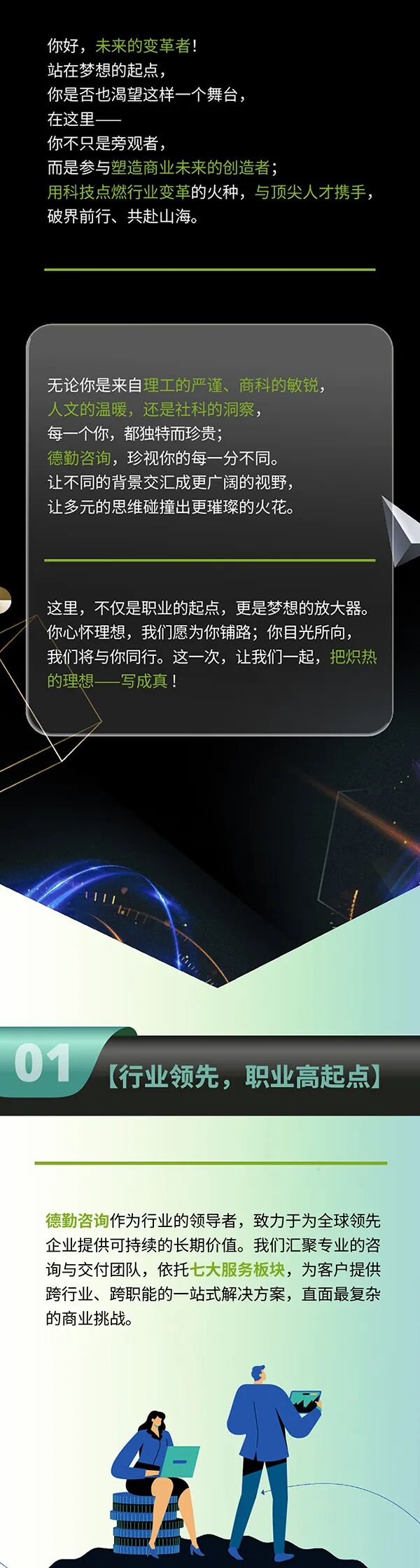 <p>你好，未来的变革者！</p>
<p>站在梦想的起点，</p>
<p>你是否也渴望这样一个舞台，</p>
<p>在这里-</p>
<p></p>
<p>你不只是旁观者，</p>
<p>而是参与塑造商业未来的创造者；</p>
<p>用科技点燃行业变革的火种，与顶尖人才携手，</p>
<p>破界前行、共赴山海。</p>
<p>无论你是来自理工的严谨、商科的敏锐，</p>
<p>人文的温暖，还是社科的洞察，</p>
<p>每一个你,都独特而珍贵;</p>
<p>德勤咨询,珍视你的每一分不同。</p>
<p>让不同的背景交汇成更广阔的视野，</p>
<p>让多元的思维碰撞出更璀璨的火花。</p>
<p>这里，不仅是职业的起点，更是梦想的放大器。</p>
<p>你心怀理想,我们愿为你铺路；你目光所向</p>
<p>我们将与你同行。这一次,让我们一起,把炽热</p>
<p>的理想一写成真！</p>
<p>01</p>
<p>(行业领先,职业高起点)</p>
<p>德勤咨询作为行业的领导者，致力于为全球领先</p>
<p>企业提供可持续的长期价值。我们汇聚专业的咨</p>
<p>询与交付团队，依托七大服务板块，为客户提供</p>
<p>跨行业、跨职能的一站式解决方案，直面最复杂</p>
<p>的商业挑战。</p>

