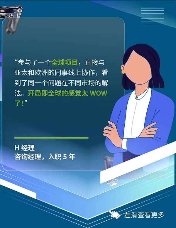 <p>&ldquo;参与了一个全球项目，直接与</p>
<p>亚太和欧洲的同事线上协作，看</p>
<p>到了同一个问题在不同市场的解</p>
<p>法。开局即全球的感觉太WOW</p>
<p>了!&rdquo;</p>
<p>H经理</p>
<p>咨询经理,入职5年</p>
<p>左滑查看更多</p>
