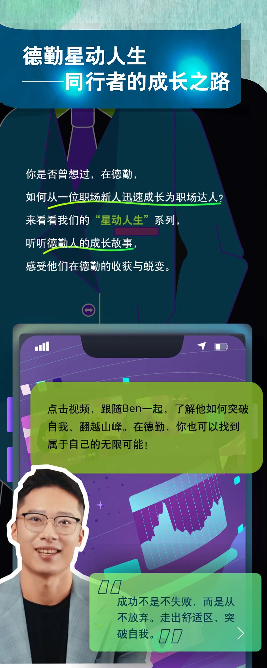 <p>德勤星动人生</p>
<p>同行者的成长之路</p>
<p>你是否曾想过，在德勤，</p>
<p>如何从一位职场新人迅速成长为职场达人?<br/>来看看我们的&ldquo;星动人生&rdquo;系列</p>
<p>听听德勤人的成长故事</p>
<p>感受他们在德勤的收获与蜕变。</p>
<p>点击视频，跟随Ben一起，了解他如何突破<br/>自我、翻越山峰。在德勤，你也可以找到<br/>属于自己的无限可能!</p>
<p>成功不是不失败，而是从<br/>不放弃。走出舒适区，突<br/>破自我。口D</p>
