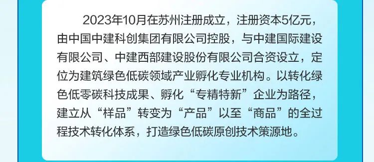 <p>2023年10月在苏州注册成立，注册资本5亿元，<br/>由中国中建科创集团有限公司控股，与中建国际建设<br/>有限公司、中建西部建设股份有限公司合资设立，定<br/>位为建筑绿色低碳领域产业孵化专业机构。以转化绿<br/>色低零碳科技成果、孵化“专精特新”企业为路径，<br/>建立从“样品”转变为“产品”以至“商品”的全过<br/>程技术转化体系，打造绿色低碳原创技术策源地。</p>
