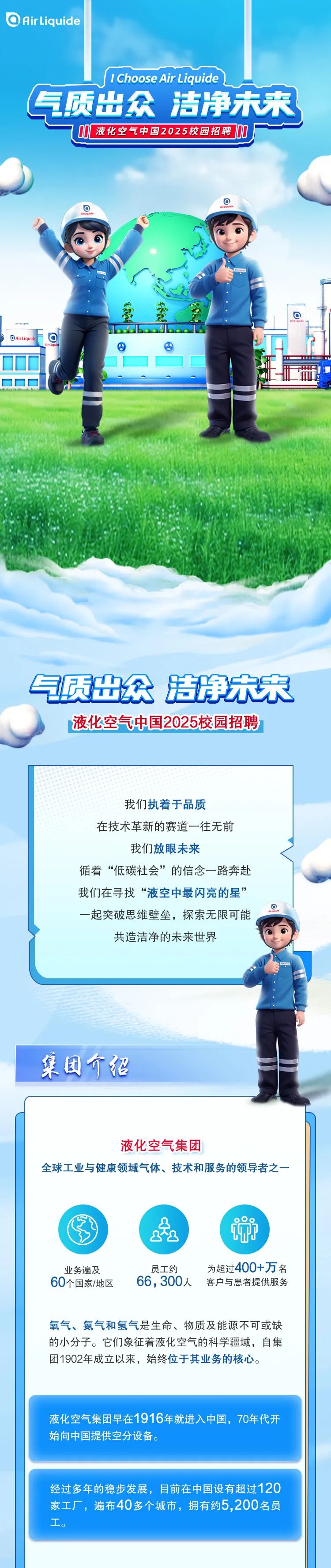 
<table>
<tr><td> Airliquide。IChoose Air Liquide气质出众洁净未来JO[液化空气中国2025校园招聘 00。◆)ahhI. 多 茶 .Fo 上Airtiqui 0四二..,  S。店 0 心心 地 ) 9A2 S' A 州 IA气质出纪洁净未来液化空气中国2025校园招聘</td>
</tr>
<tr><td>我们执着于品质在技术革新的赛道一往无前我们放眼未来循着&ldquo;低碳社会&rdquo;的信念一路奔赴我们在寻找&ldquo;液空中最闪亮的星&rdquo;。一起突破思维壁垒,探索无限可能共造洁净的未来世界1集团介绍液化空气集团全球工业与健康领域气体、技术和服务的领导者之一0O0' 计业务遍及 员工约 为超过400+万名60个国家/地区 66, 300人 客户与患者提供服务氧气、氮气和氢气是生命、物质及能源不可或缺的小分子。它们象征着液化空气的科学疆域,自集团1902年成立以来,始终位于其业务的核心。</td>
</tr>
<tr><td>液化空气集团早在1916年就进入中国,70年代开始向中国提供空分设备。</td>
</tr>
<tr><td></td>
</tr>
<tr><td>经过多年的稳步发展,目前在中国设有超过120家工厂,遍布40多个城市,拥有约5,200名员工。</td>
</tr>
</table>
