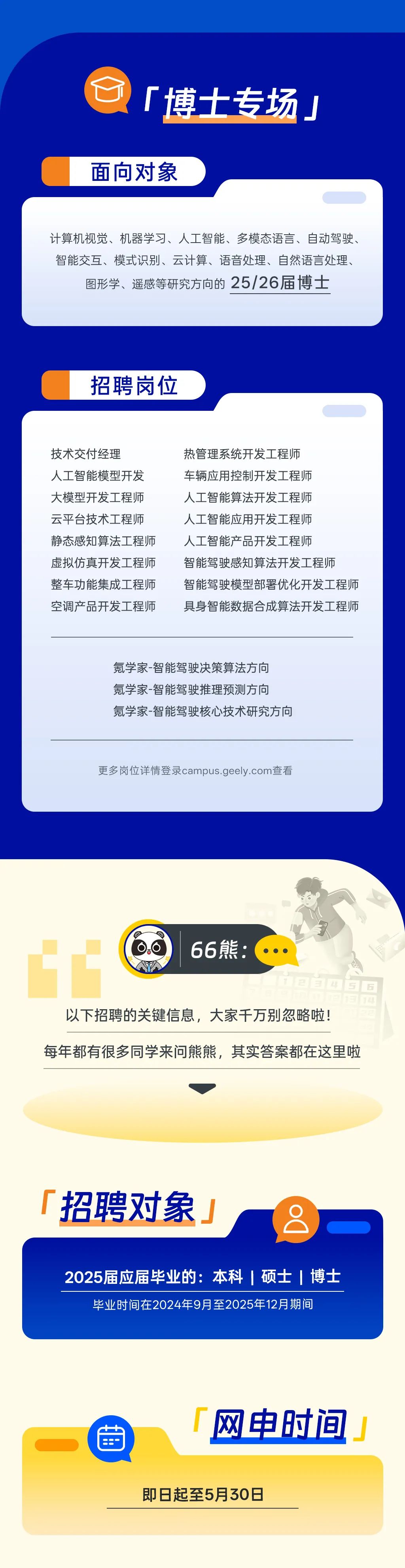 <p>「博士专场J<br/>面向对象</p>
<p>计算机视觉、机器学习、人工智能、多模态语言、自动驾驶、<br/>智能交互、模式识别、云计算、语音处理、自然语言处理、</p>
<p>图形学、遥感等研究方向的25/26届博士</p>
<p>招聘岗位</p>
<p>技术交付经理</p>
<p>热管理系统开发工程师</p>
<p>人工智能模型开发</p>
<p>车辆应用控制开发工程师</p>
<p>大模型开发工程师</p>
<p>人工智能算法开发工程师</p>
<p>云平台技术工程师</p>
<p>人工智能应用开发工程师</p>
<p>静态感知算法工程师<br/>人工智能产品开发工程师</p>
<p>虚拟仿真开发工程师智能驾驶感知算法开发工程师</p>
<p>整车功能集成工程师智能驾驶模型部署优化开发工程师<br/>空调产品开发工程师<br/>具身智能数据合成算法开发工程师</p>
<p>氪学家-智能驾驶决策算法方向<br/>氪学家-智能驾驶推理预测方向</p>
<p>氪学家-智能驾驶核心技术研究方向</p>
<p>更多岗位详情登录campus.geely.com查看</p>
<p>66熊</p>
<p>以下招聘的关键信息，大家千万别忽略啦!</p>
<p>每年都有很多同学来问熊熊，其实答案都在这里啦</p>
<p>「招聘对象」</p>
<p>2025届应届毕业的:本科|硕士|博士<br/>毕业时间在2024年9月至2025年12月期间</p>
<p>&rdquo;</p>
<p>网申时间</p>
<p>即日起至5月30日</p>
