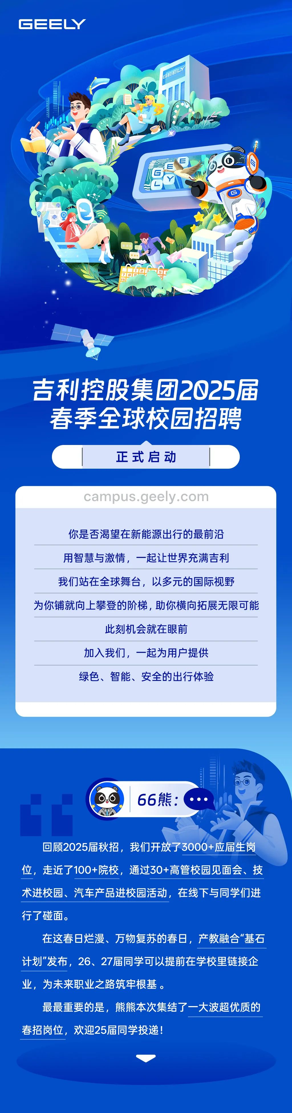 <p>GEEY</p>
<p>0</p>
<p> </p>
<p>m</p>
<p>M</p>
<p>厂</p>
<p>0</p>
<p>78P<br/>a<br/>15</p>
<p>吉利控股集团2025届<br/>春季全球校园招聘</p>
<p>正式启动</p>
<p>campus.geely.com</p>
<p>你是否渴望在新能源出行的最前沿<br/>用智慧与激情，一起让世界充满吉利<br/>我们站在全球舞台，以多元的国际视野</p>
<p>为你铺就向上攀登的阶梯,助你横向拓展无限可能</p>
<p>此刻机会就在眼前</p>
<p>加入我们，一起为用户提供</p>
<p>绿色、智能、安全的出行体验</p>
<p>66熊:</p>
<p>回顾2025届秋招，我们开放了3000+应届生岗<br/>位，走近了100+院校，通过30+高管校园见面会、技<br/>术进校园、汽车产品进校园活动，在线下与同学们进<br/>行了碰面。</p>
<p>在这春日烂漫、万物复苏的春日，产教融合&ldquo;基石<br/>计划"发布，26、27届同学可以提前在学校里链接企<br/>业，为未来职业之路筑牢根基。</p>
<p>最最重要的是，熊熊本次集结了一大波超优质的<br/>春招岗位，欢迎25届同学投递!</p>
