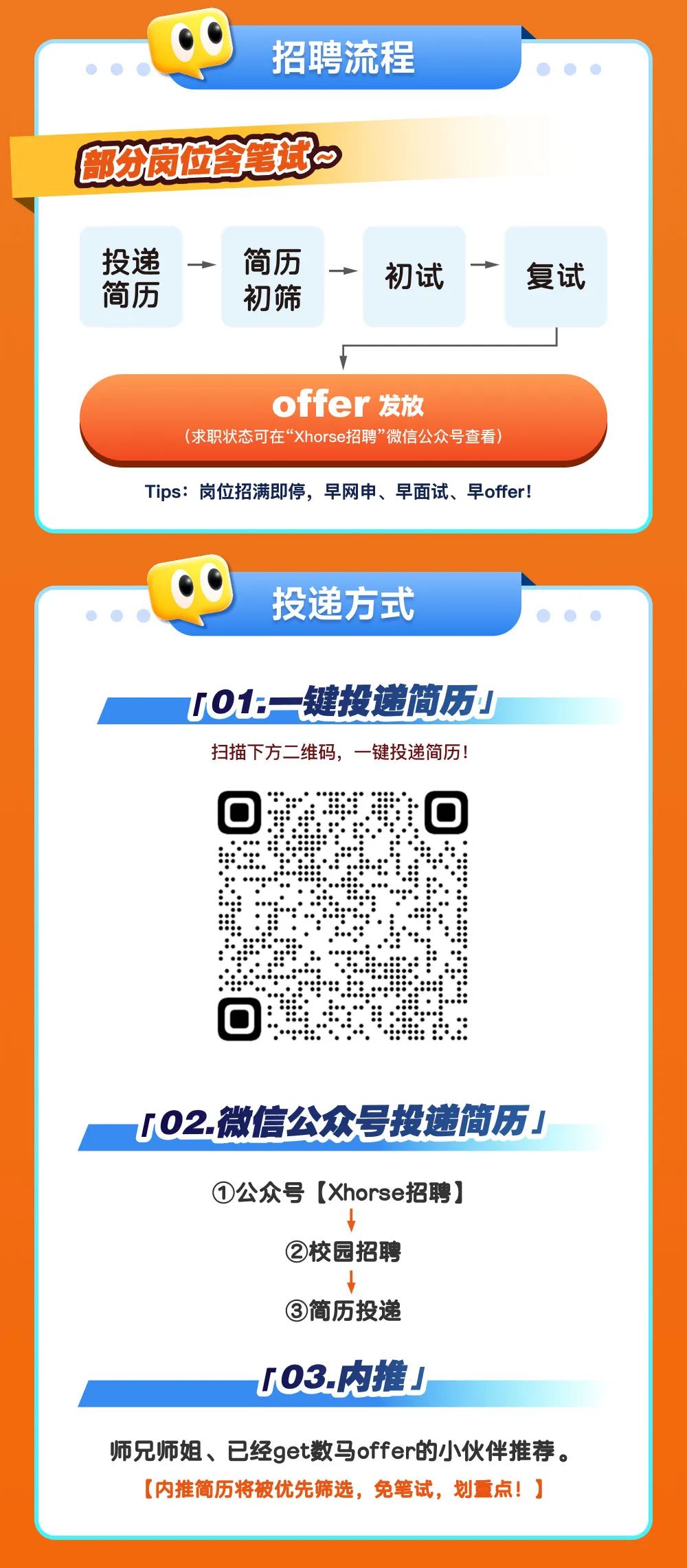 <p>招聘流程</p>
<p>部分岗位全笔试~<br/>投递</p>
<p>简历</p>
<p>初试</p>
<p>简历</p>
<p>初筛</p>
<p>十</p>
<p>复试</p>
<p>offer 发放</p>
<p>(求职状态可在&ldquo;Xhorse招聘&rdquo;微信公众号查看)</p>
<p>Tips:岗位招满即停，早网申、早面试、早offer!</p>
<p>投递方式</p>
<p>「O1-一键投递简历」<br/>扫描下方二维码，一键投递简历!<br/>a</p>
<p>0</p>
<p>0</p>
<p>「O2.微信公众号投递简历」<br/>①公众号[Xhorse招聘]</p>
<p>②校园招聘</p>
<p>③简历投递</p>
<p>「O3.内推J</p>
<p>师兄师姐、已经get数马offer的小伙伴推荐。</p>
<p>[内推简历将被优先筛选，免笔试，划重点!]</p>
