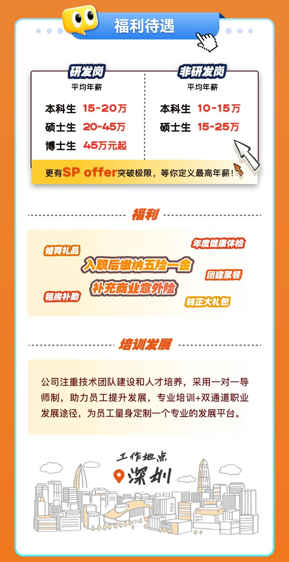 <p>.C福利待遇.》  </p>
<p>研发岗非研发岗</p>
<p>平均年薪平均年薪</p>
<p>本科生15-20万本科生10-15万</p>
<p>硕士生20-45万硕士生15-25万</p>
<p>博士生45万元起</p>
<p>更有SP offer突破极限,等你定义最高年薪!</p>
<p>福利.</p>
<p>年度健康体检</p>
<p>婚育礼品</p>
<p>入观后级纳五险一金</p>
<p>团建聚餐</p>
<p>新充商业意外脸</p>
<p>租房补助转正大礼包</p>
<p>培训发展.</p>
<p>公司注重技术团队建设和人才培养,采用一对一导</p>
<p>师制,助力员工提升发展,专业培训+双通道职业</p>
<p>发展途径,为员工量身定制一个专业的发展平台。</p>
<p>工作地点</p>
<p>9深圳Cs</p>
<p>o</p>
